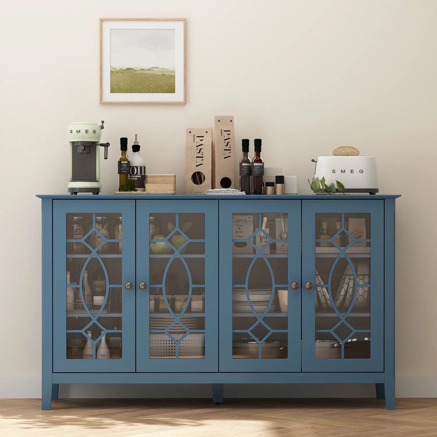 MONSLIPA Buffet Sideboard with Glass Doors,Wood Console Table Serving Storage Cabinet for Dining Room, Blue