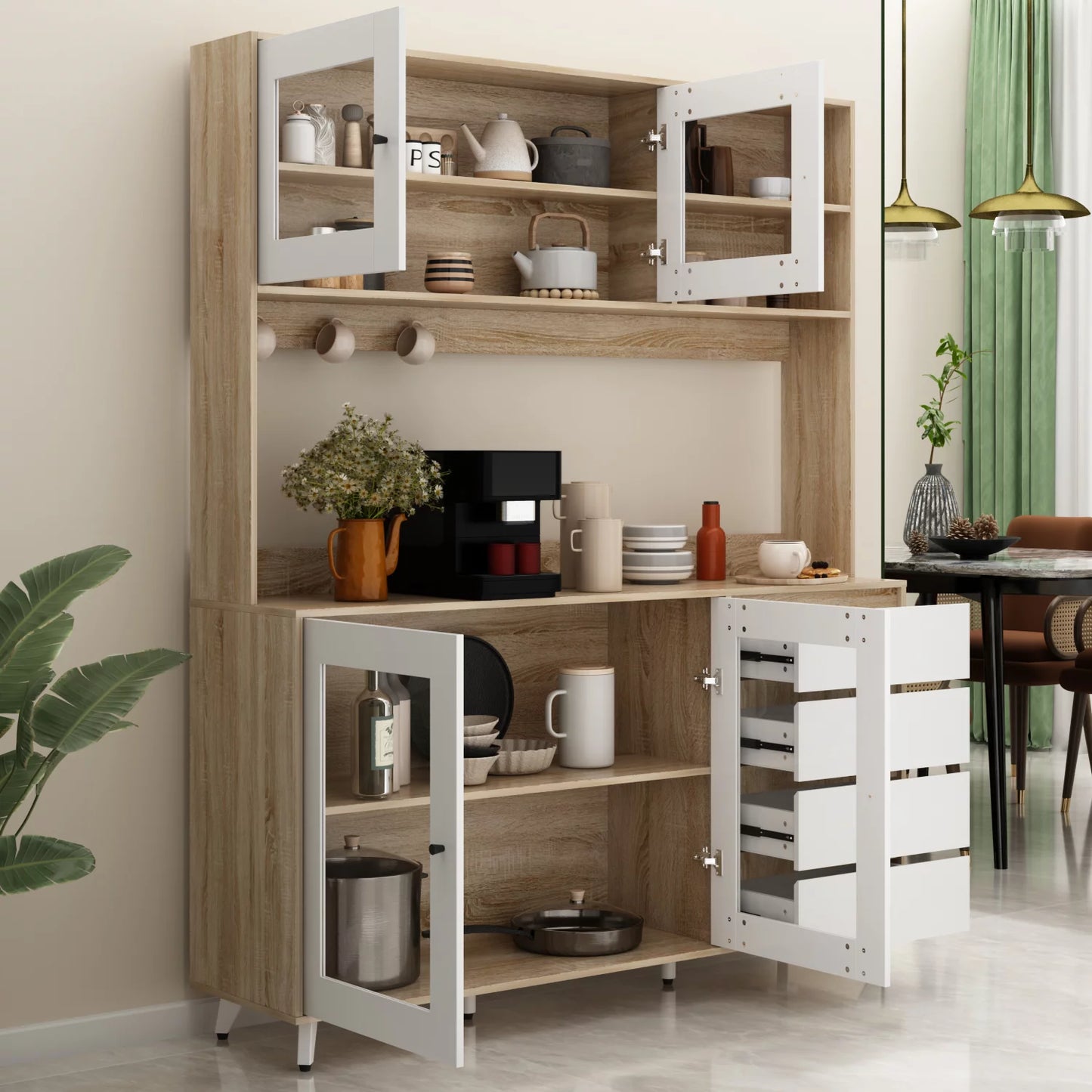 MONSLIPA Kitchen Pantry Storage Cabinet, Kitchen Hutch Sideboard Buffet with Glass Door and 4 Storage Drawers, Oak&White