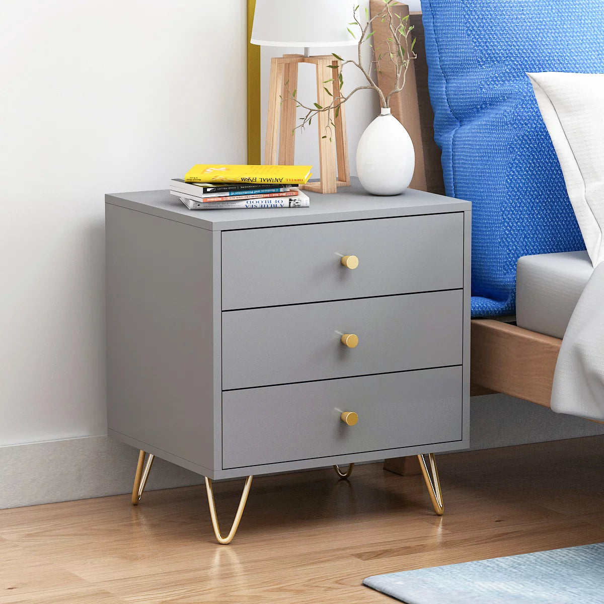 MONSLIPA Nightstand, End Table Bedside Table with 3 Drawers and Metal Legs for Bedroom Living Room, Gray