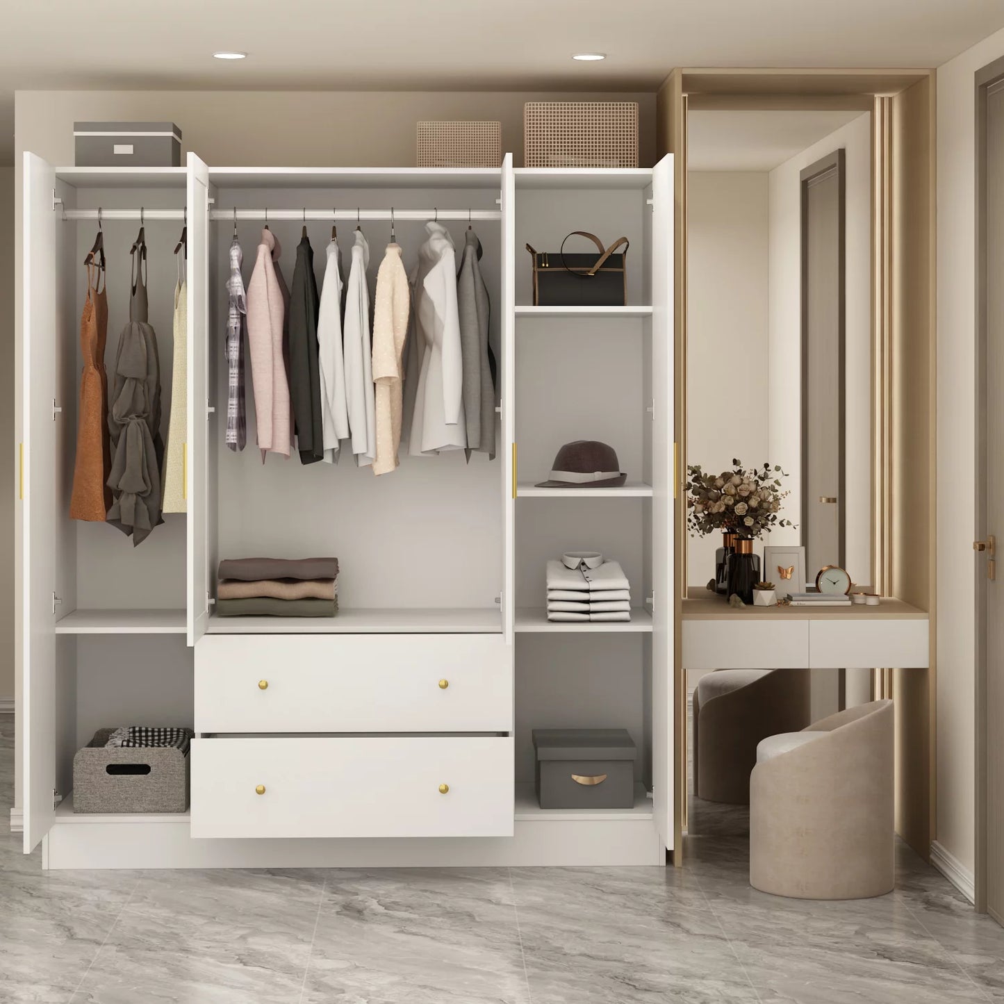 MONSLIPA 4-Door Wardrobe Amoire Closet with Mirror, 2 Drawers and Hanging Rod for Bedroom White