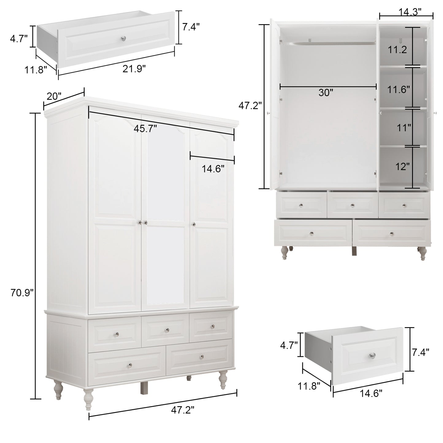 MONSLIPA White Wardrobe with Mirror, Modern 3-Door Armoire with Hanging Rod and 5 Drawers for Closet Bedroom