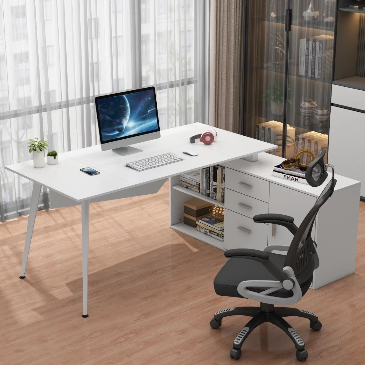 MONSLIPA L Shaped Desk, 63" Corner Desk Computer Writing Table with File Cabinet for Home Office, White