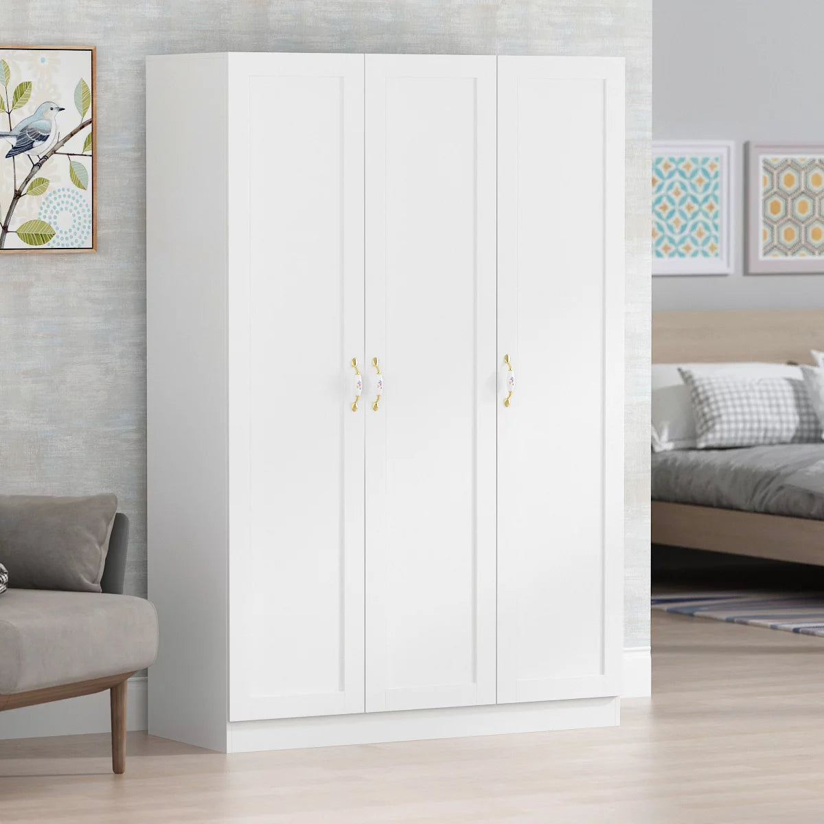 MONSLIPA Modern 3-Door Wardrobe Armoire with Hanging Rod, White