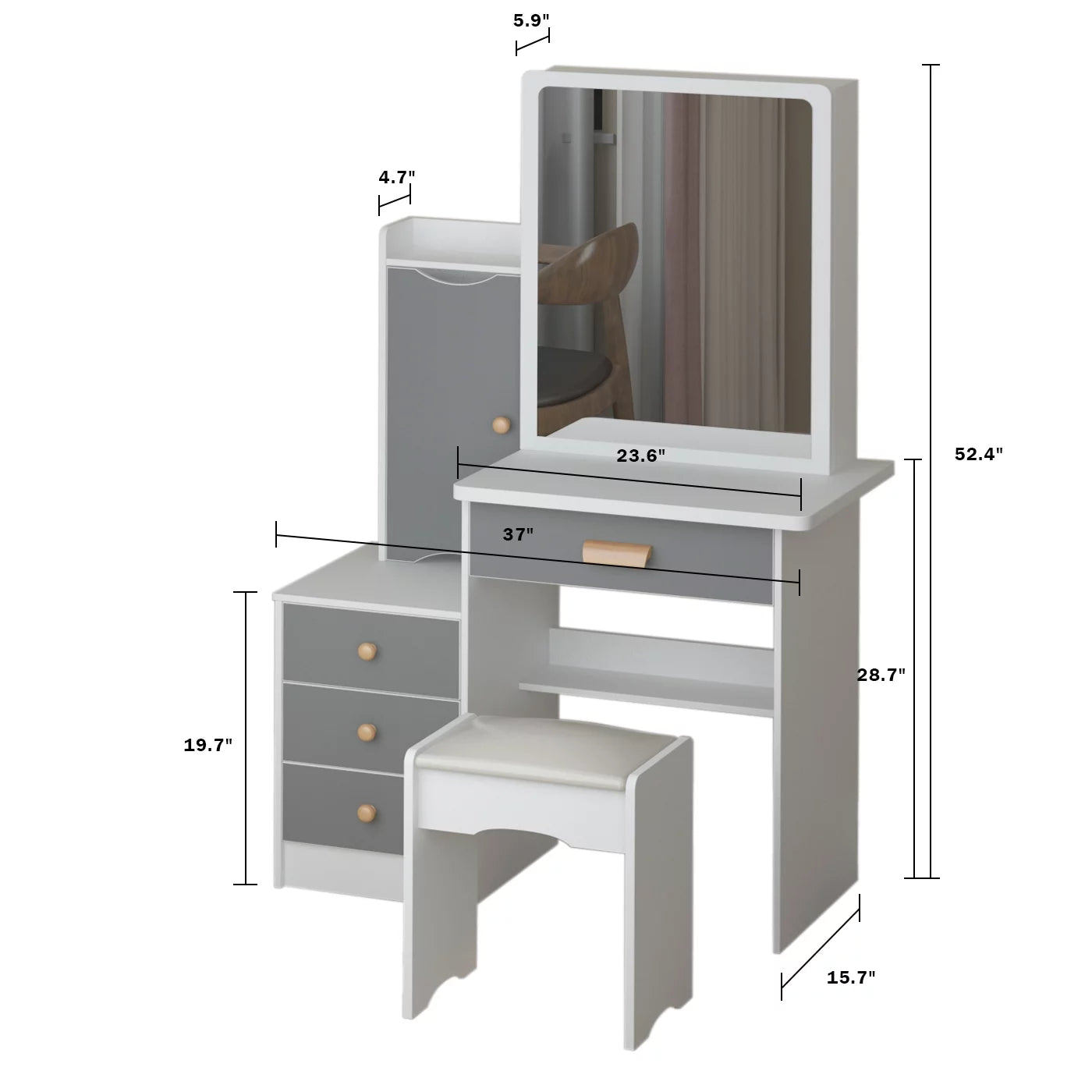 Timechee Vanity Desk Set, Makeup Vanity with Sliding Mirror & Cushioned Stool, Wood Makeup Dressing Table with Hidden Shelves & 4 Drawers, for Women White