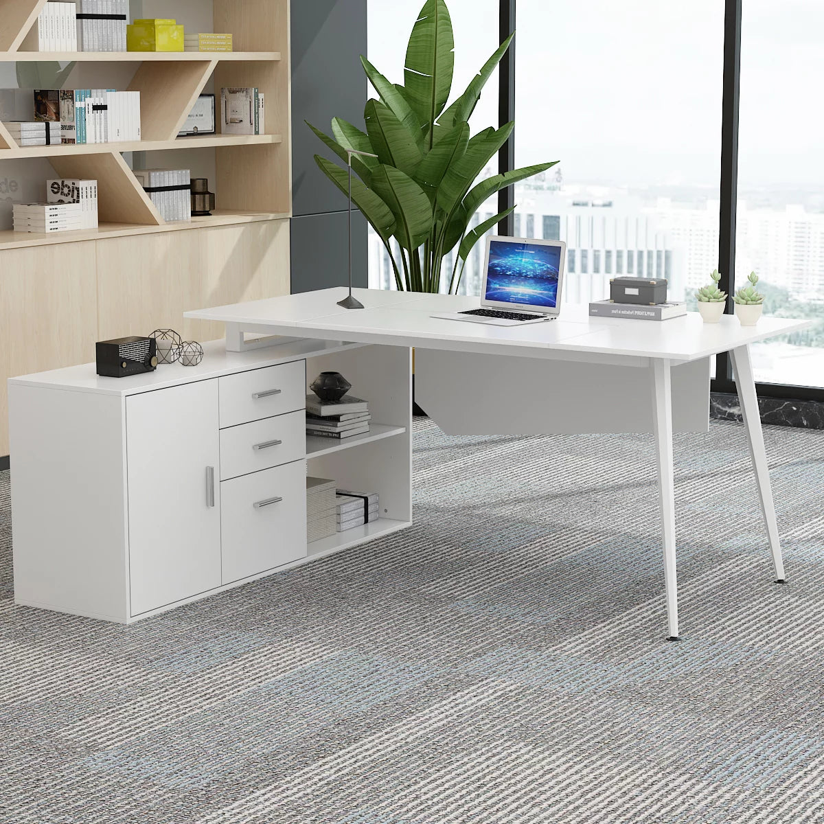 MONSLIPA L Shaped Desk, 63" Corner Desk Computer Writing Table with File Cabinet for Home Office, White