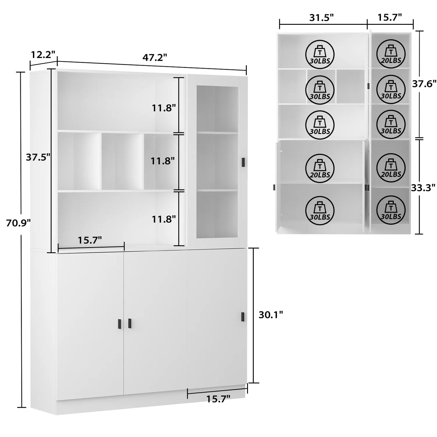 MONSLIPA Large Bookcase Storage Cabinet Set, Display Storage Organizer with Glass Door and Open Shelves for Home Office Living Room,White
