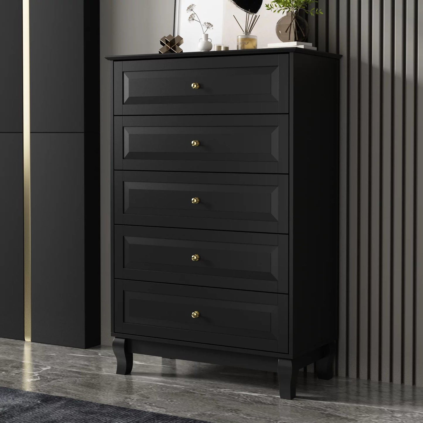 MONSLIPA 5 Drawer Dresser Storage Organizer, Chest of Drawers for Bedroom Living Room Hallway Black