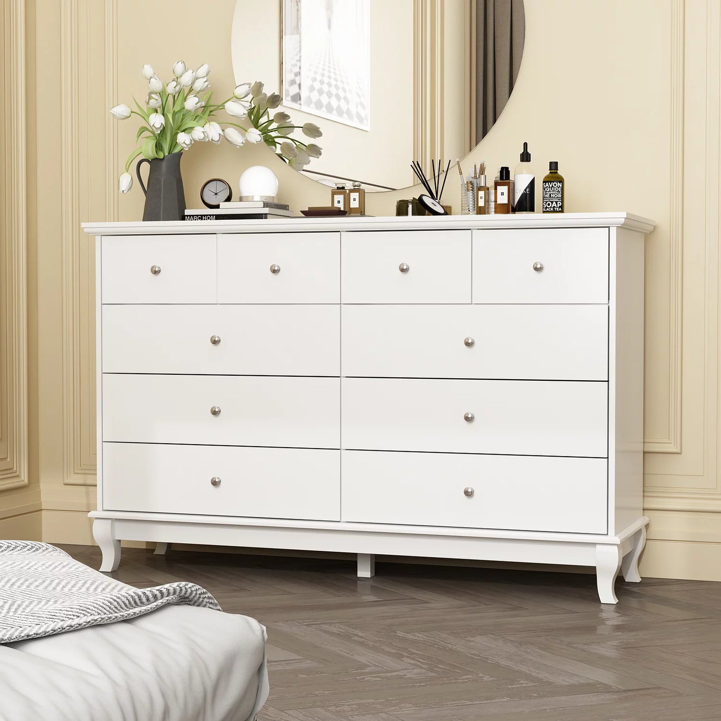 MONSLIPA 10 Drawer Dresser, 55.1'' W Double Dresser Chest of Drawers for Bedroom Closet White