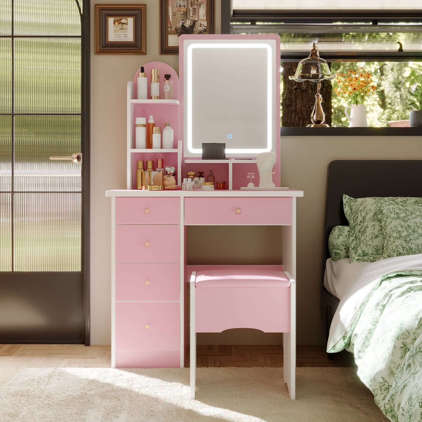 MONSLIPA Pink Finish Vanity Table Set for Girls with Lighted Mirror, 5 Drawers, Shelves, Stool