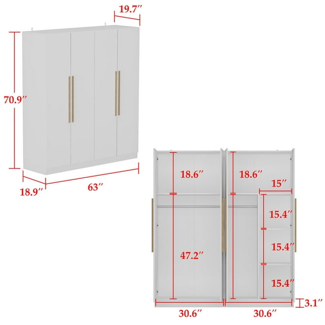 MONSLIPA Modern Wardrobe Armoire, 4 Door Wooden Closet Storage with Hanging Rods for Bedroom, White