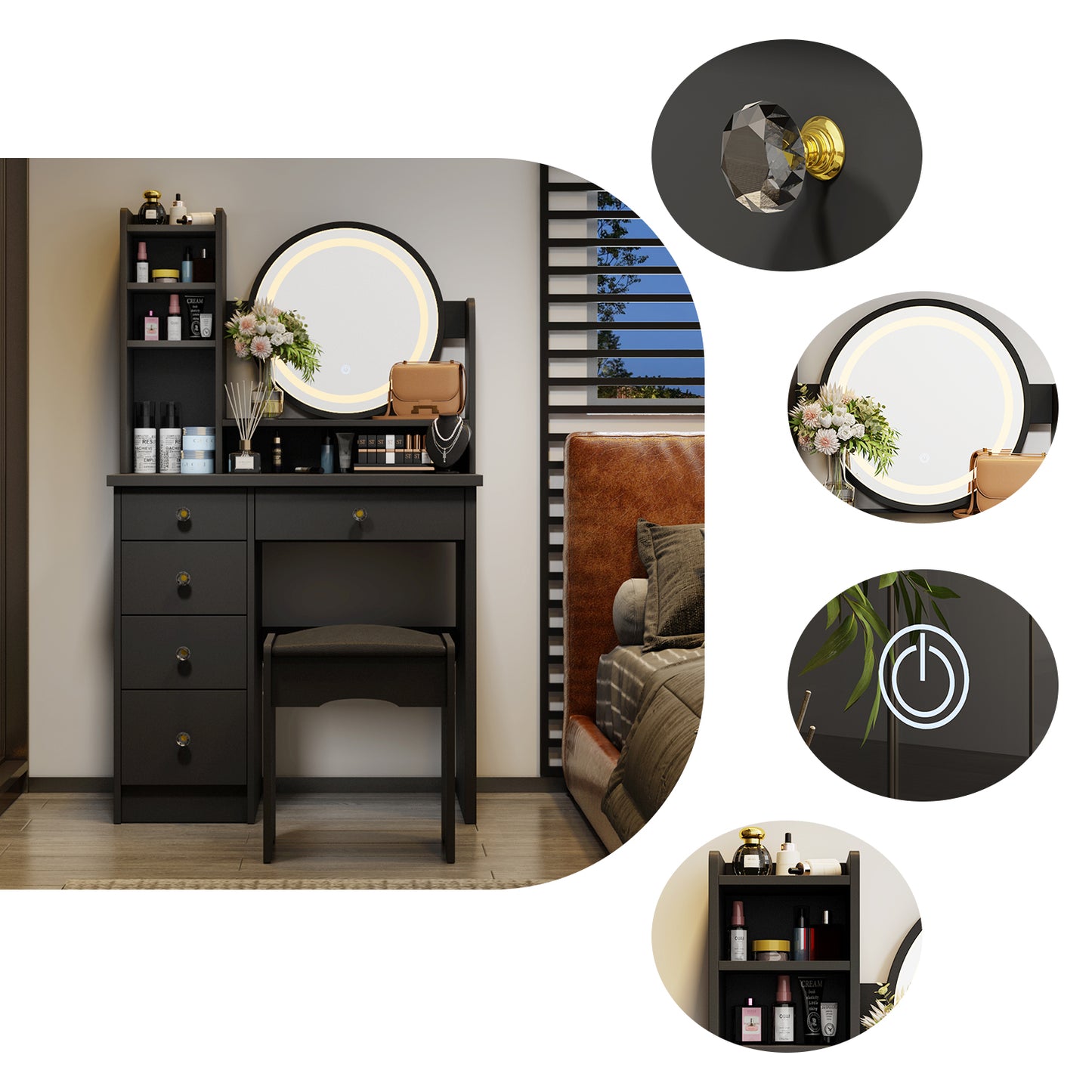 Vanity Table with Light Round Mirror, Makeup Drssing Desk with Drawers for Bedroom Black