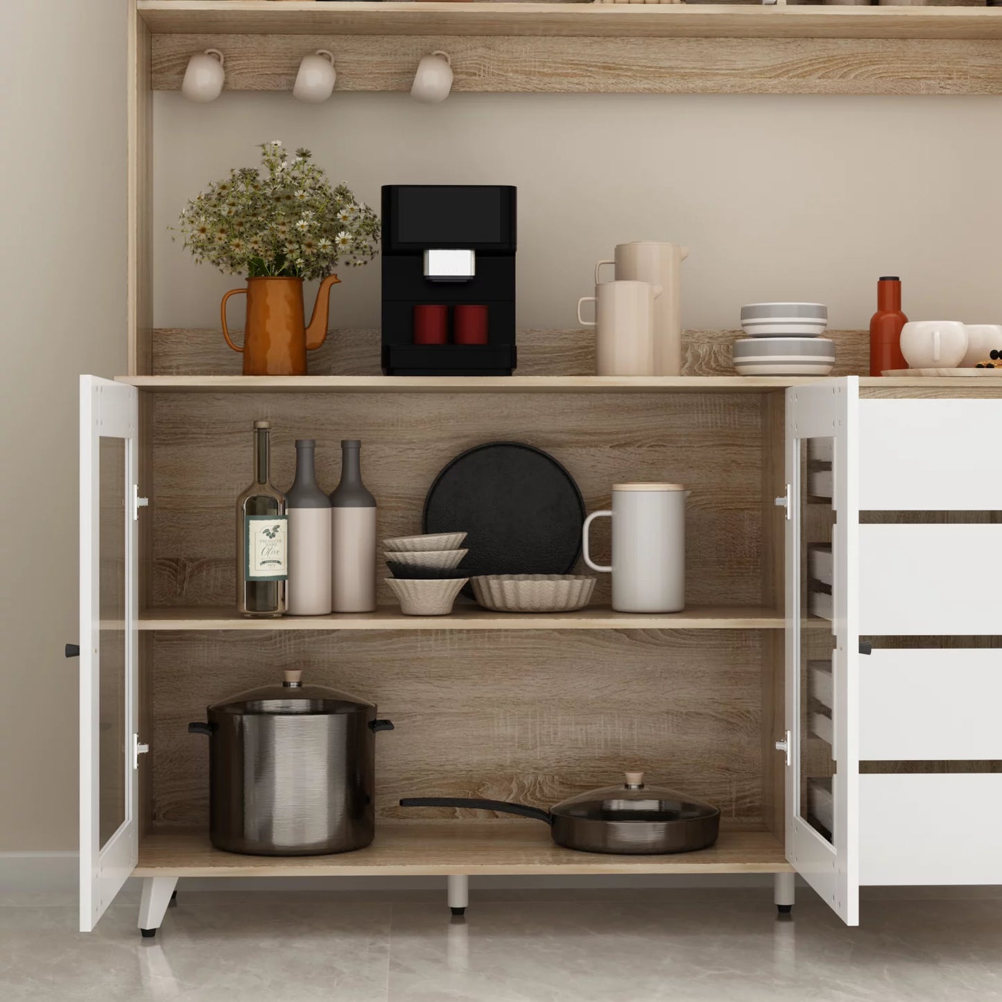 MONSLIPA Kitchen Pantry Storage Cabinet, Kitchen Hutch Sideboard Buffet with Glass Door and 4 Storage Drawers, Oak&White