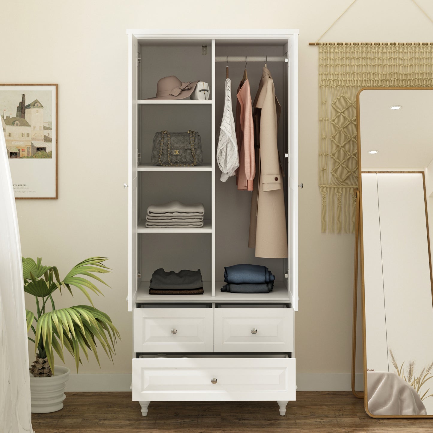 MONSLIPA White Wardrobe, Modern 2-Door Armoire with Hanging Rod and 3 Drawers for Closet Bedroom