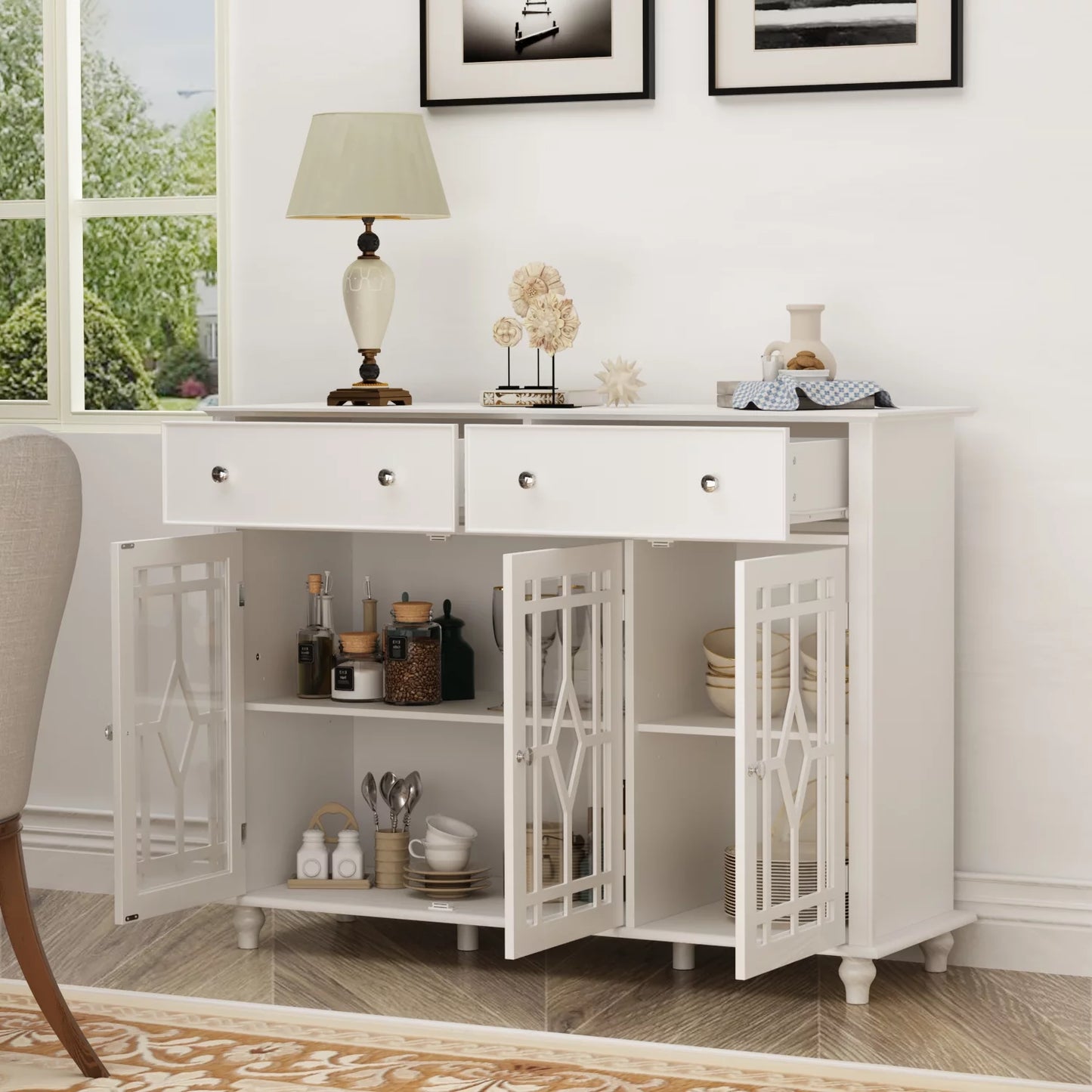 MONSLIPA 3-Door Buffet Sideboard with Drawer, White Accent Storage Cabinet with Glass Door for Entryway Kitchen Dining Room, 47.2"