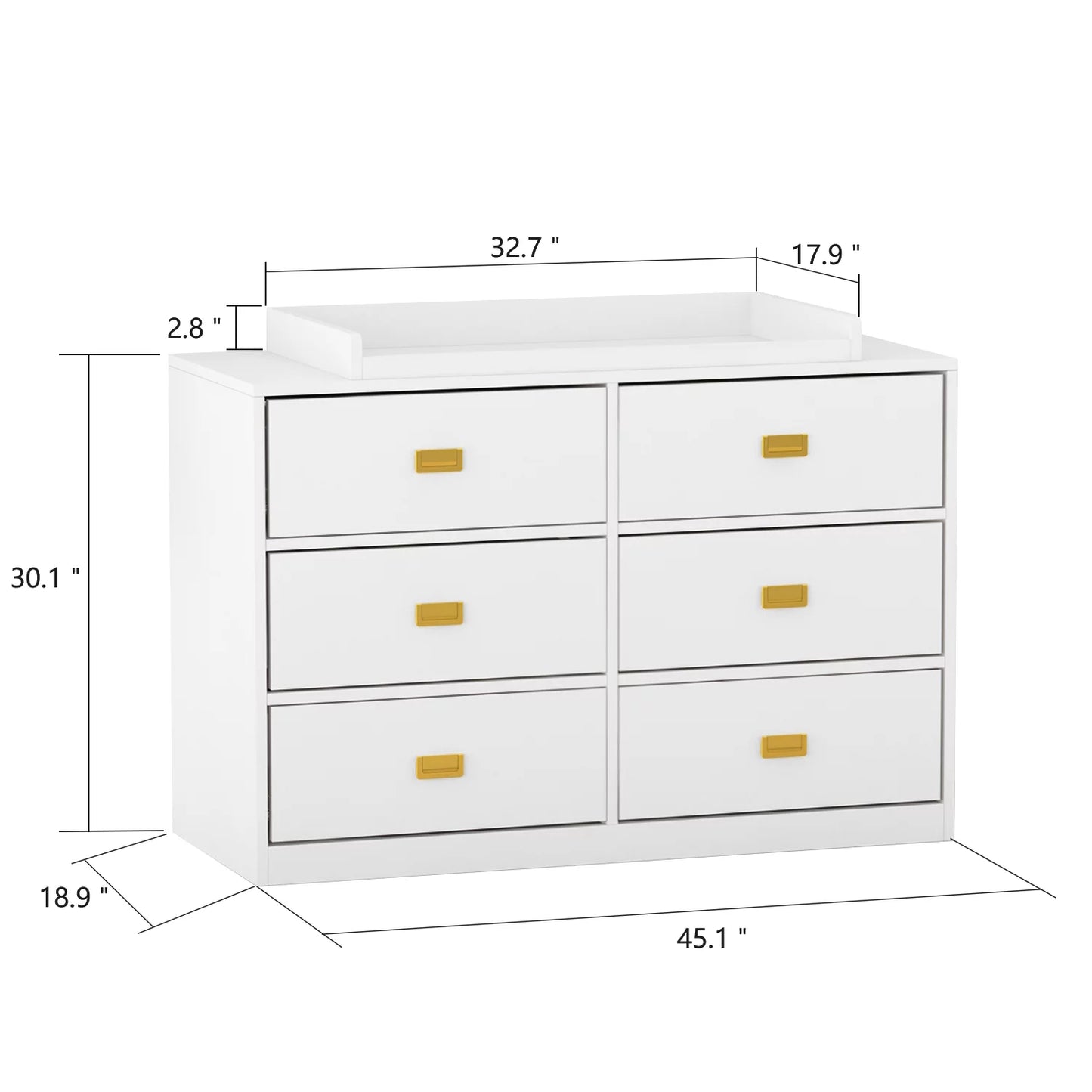 MONSLIPA 6 Drawer Double Dresser, Nursery Dresser Chest with Changing Table Top, White