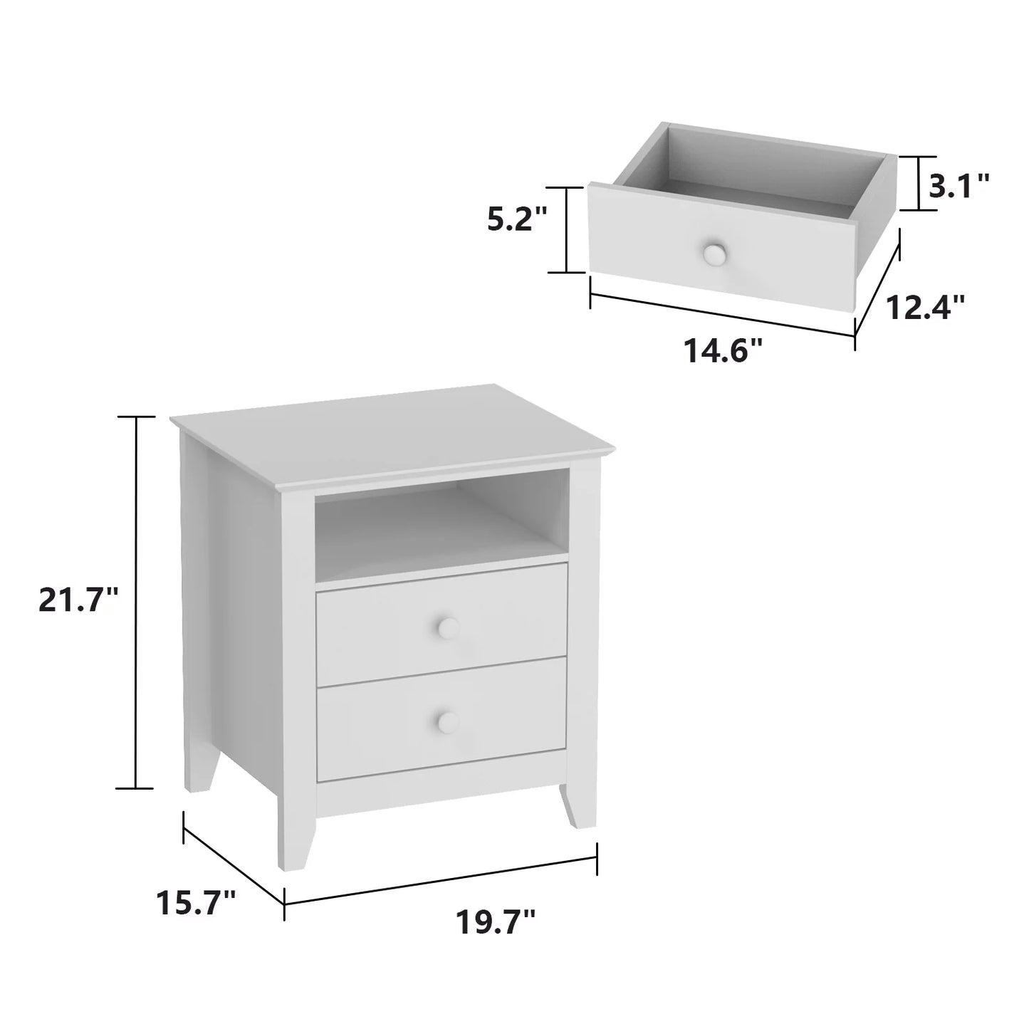 MONSLIPA Nightstand Bedside Table with 2 Drawers and Storage Shelves, Side Sofa End Table for Living Room Bedroom, White