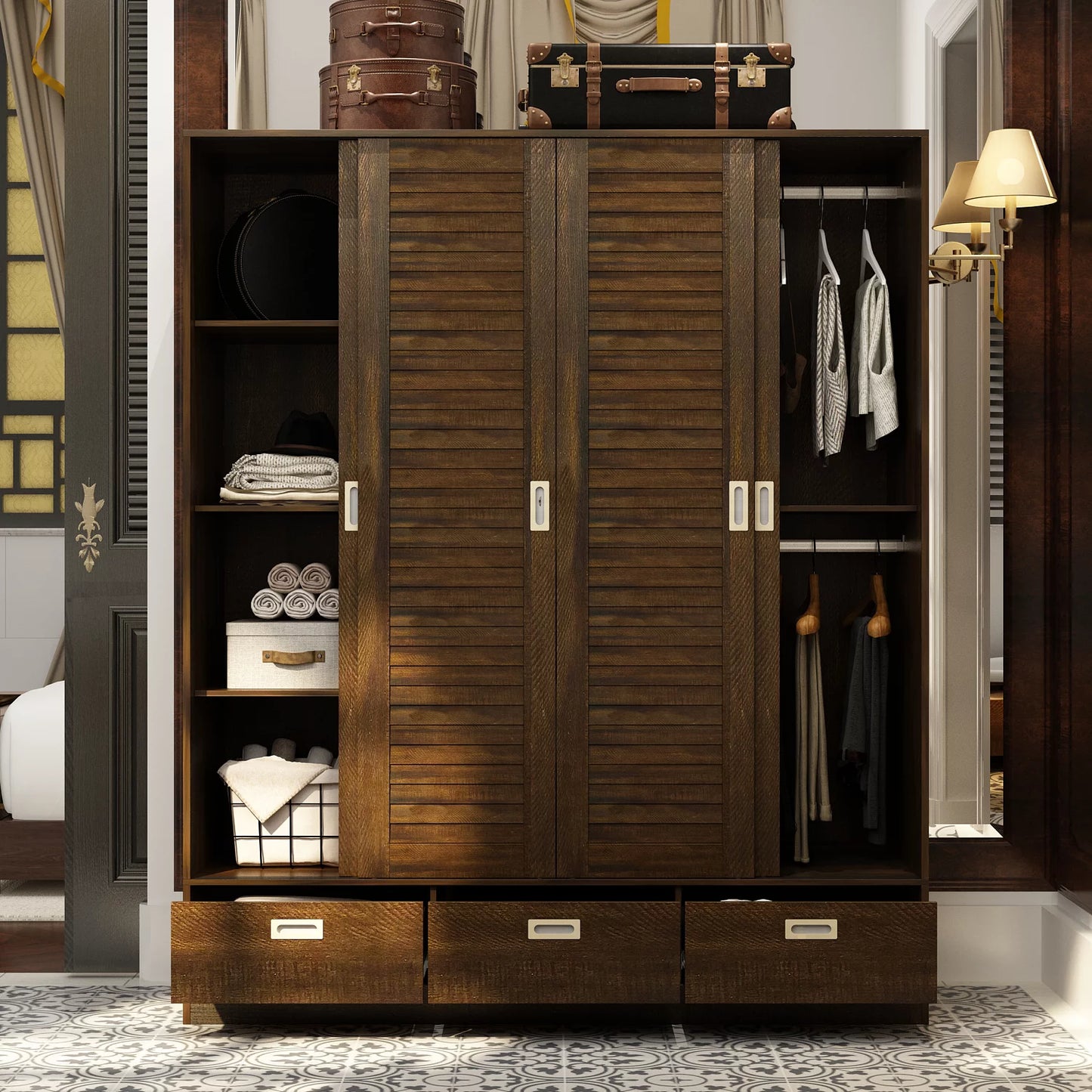 MONSLIPA Wardrobe with 3 Sliding Louvered Doors, Wood Armoire Closet Storage Cabinet with Drawer and Hanging Rods for Bedroom, Espresso