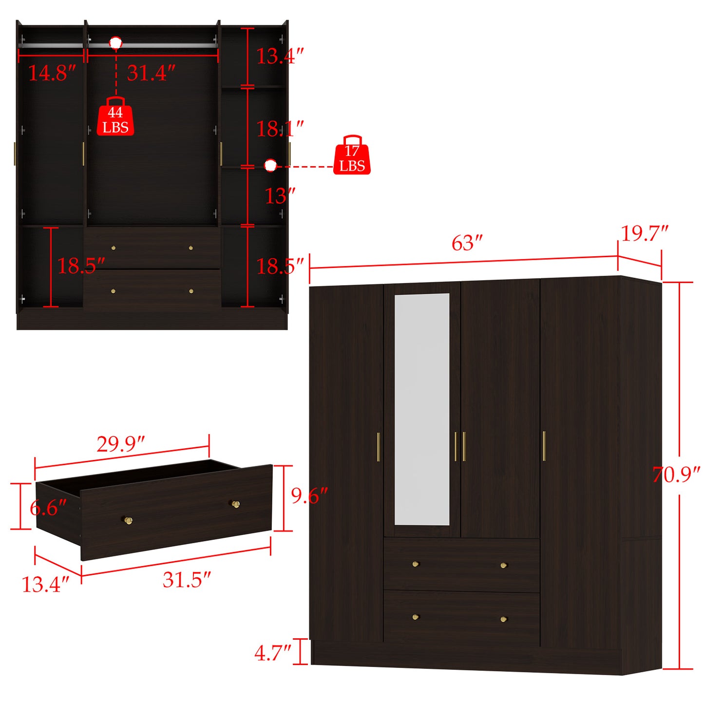 MONSLIPA 4-Door Wardrobe Amoire Closet with Mirror, 2 Drawers and Hanging Rod for Bedroom Espresso