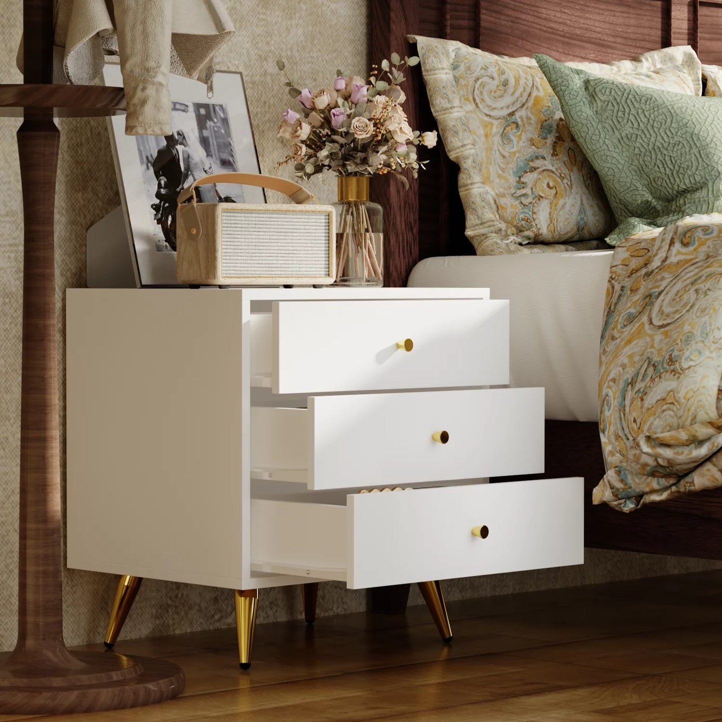 MONSLIPA White Nightstand Bedside Table with 3 Storage Drawers for Bedroom