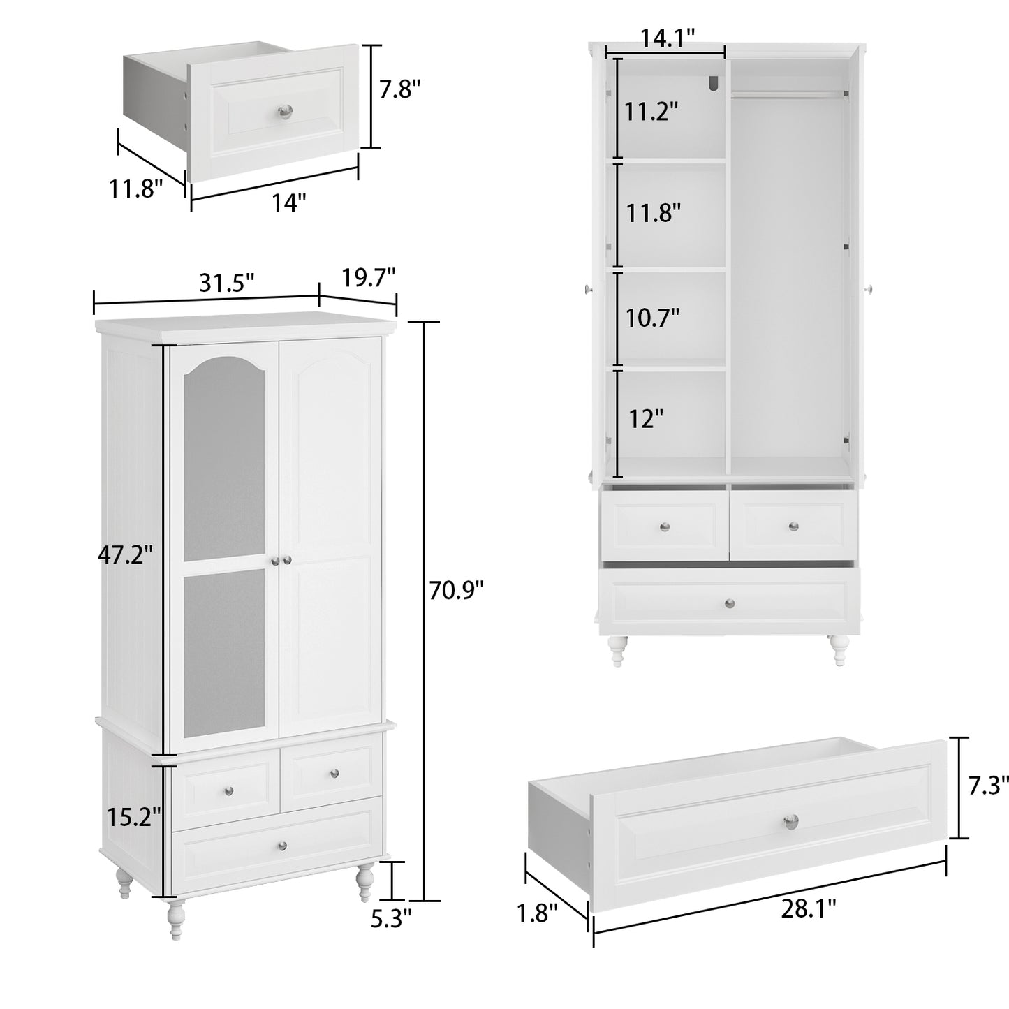 Timechee White Wardrobe with Mirror, Modern 2-Door Armoire with Hanging Rod and 3 Drawers for Closet Bedroom