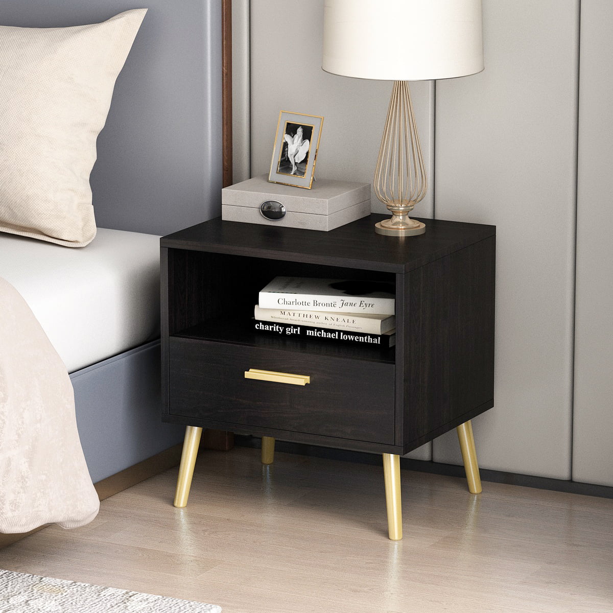 MONSLIPA Modern Night Stand End Table with Drawer, Set of 2 Black Nightstand