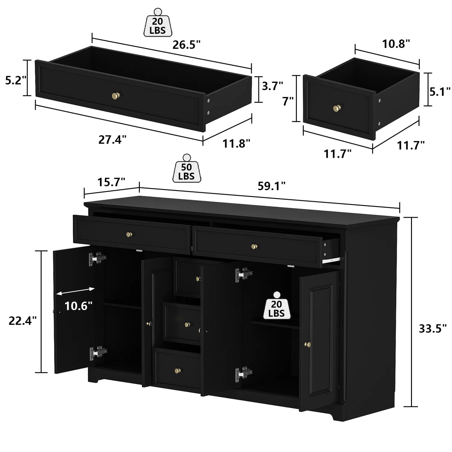 MONSLIPA Kitchen Storage Cabinet, White Buffet Server Cupboard, Floor Sideboard Cabinet with 4 Doors and 5 Drawers for Living Room, Black