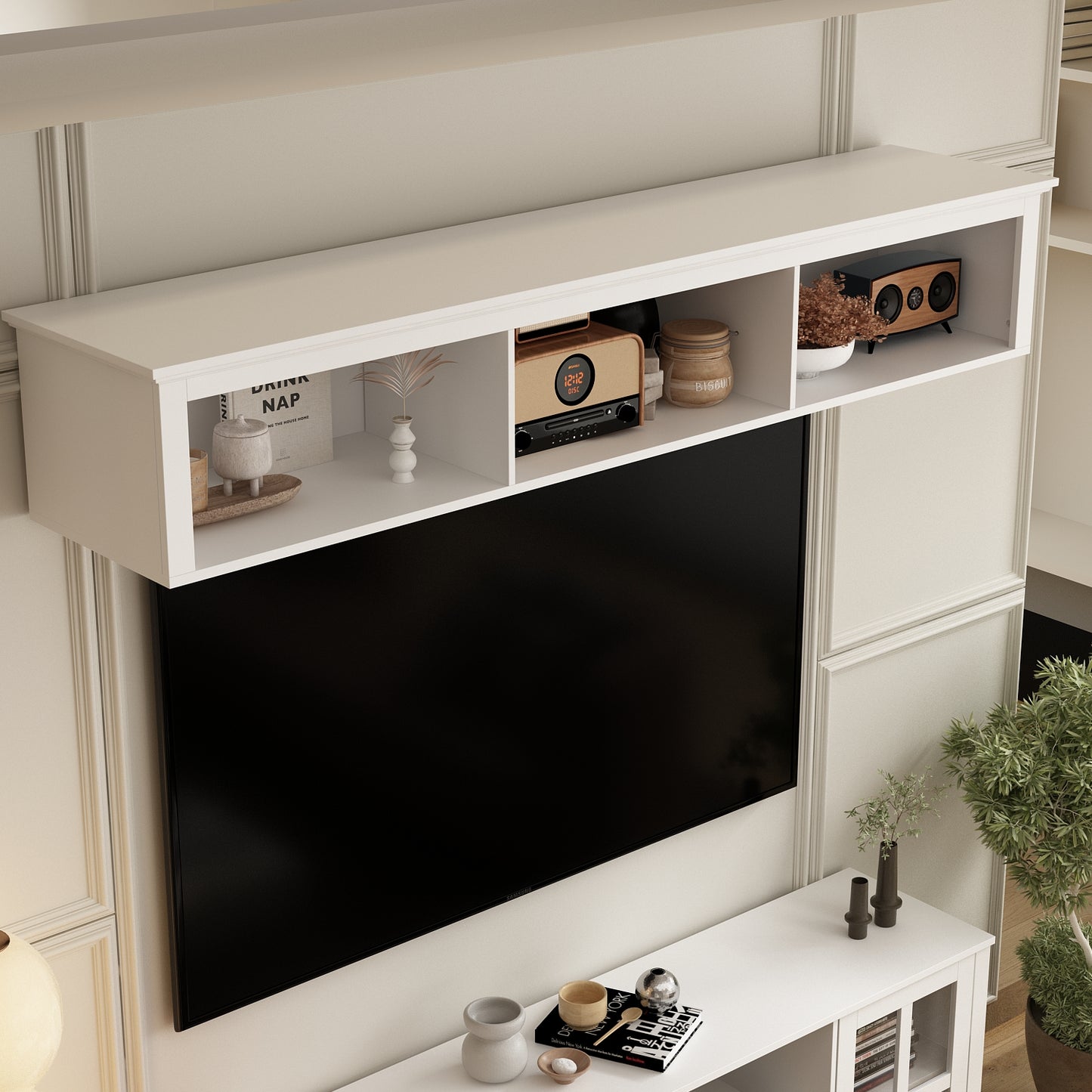 MONSLIPA TV stand with Storage Cabinets, Rustic Minimalism Entertainment Center, Up to 65 Inch TV, Adjustable Shelves, Glass Door, White