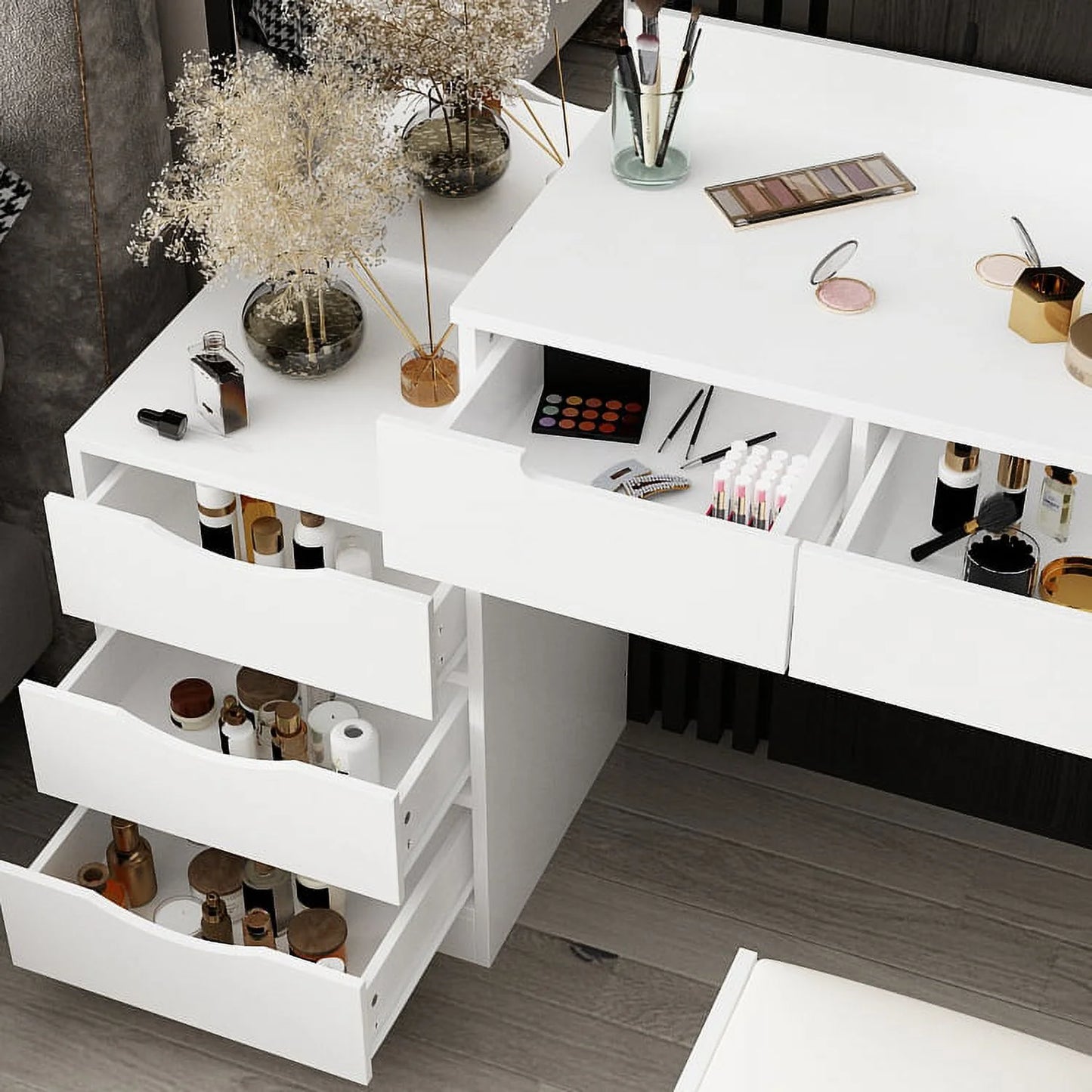 MONSLIPA Makeup Vanity with Lighted Round Mirror, Vanity Set with Extra Large Mirror, Drawer &Cushioned Stool for Bedroom