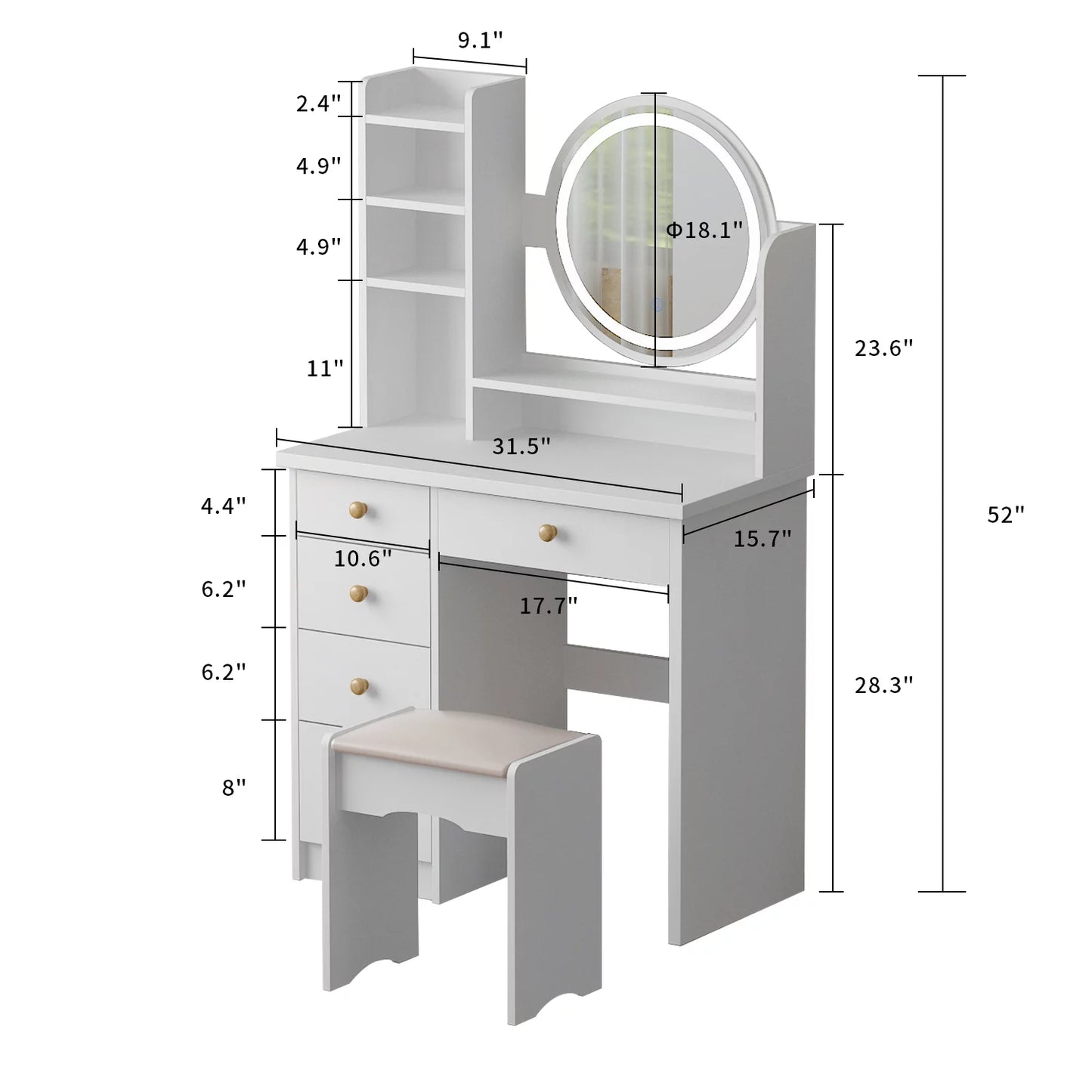 MONSLIPA Vanity Set with Round Mirror, Makeup Vanity Dressing Table with 5 Drawers, Shelves and Cushioned Stool (White/ Lighted Mirror)