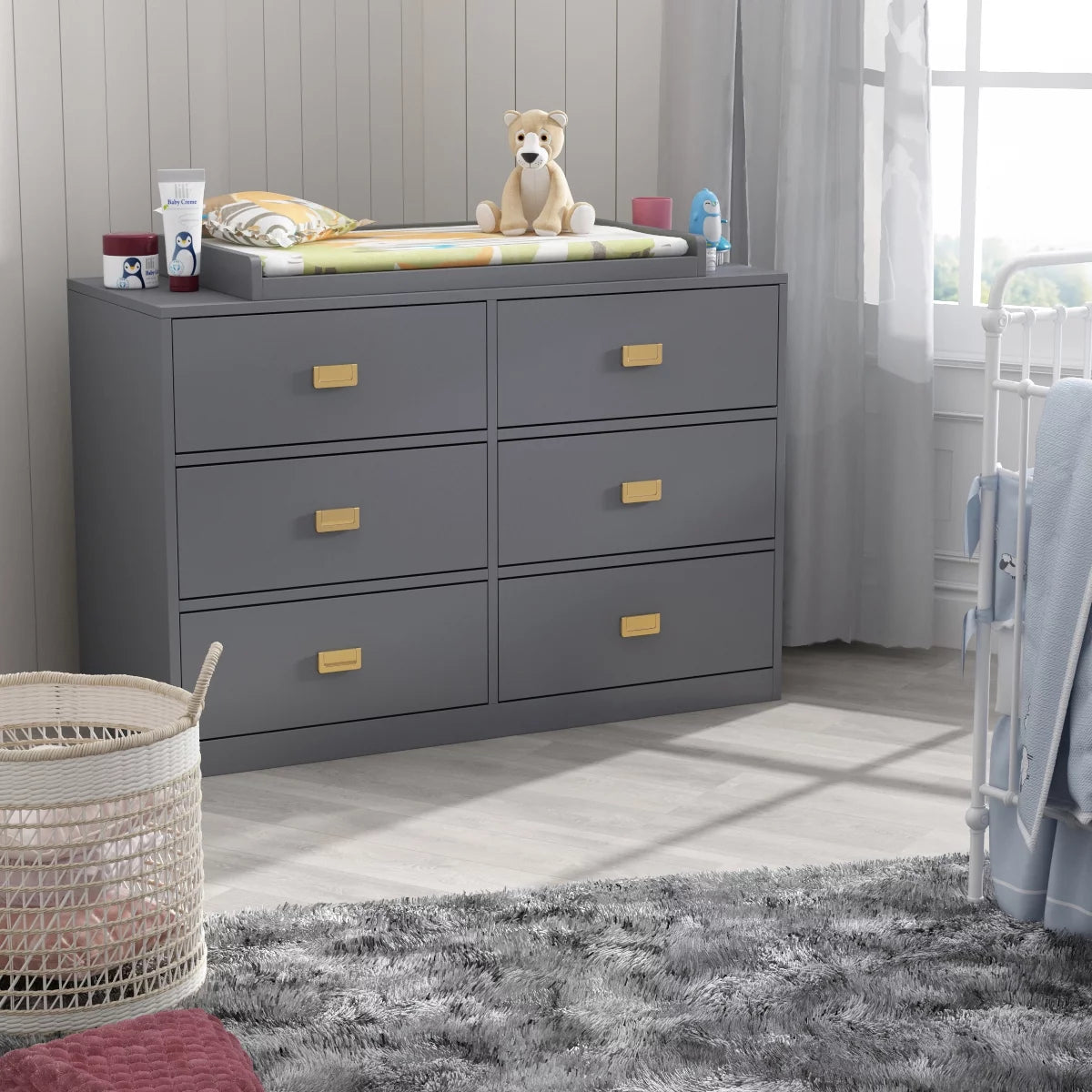 MONSLIPA 6 Drawer Double Dresser, Nursery Dresser Chest with Changing Table Top, Gray