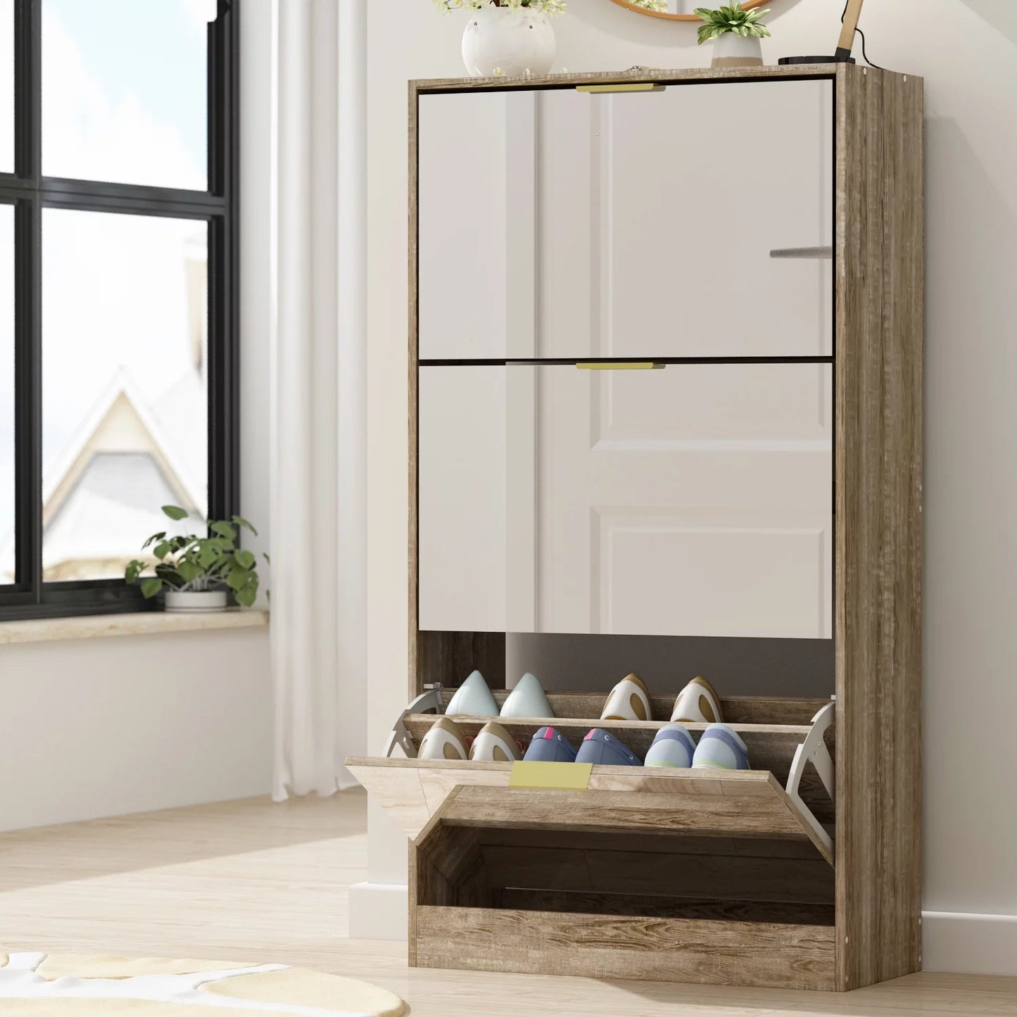 MONSLIPA 3 Tier Shoe Storage Cabinet with Full Length Mirror