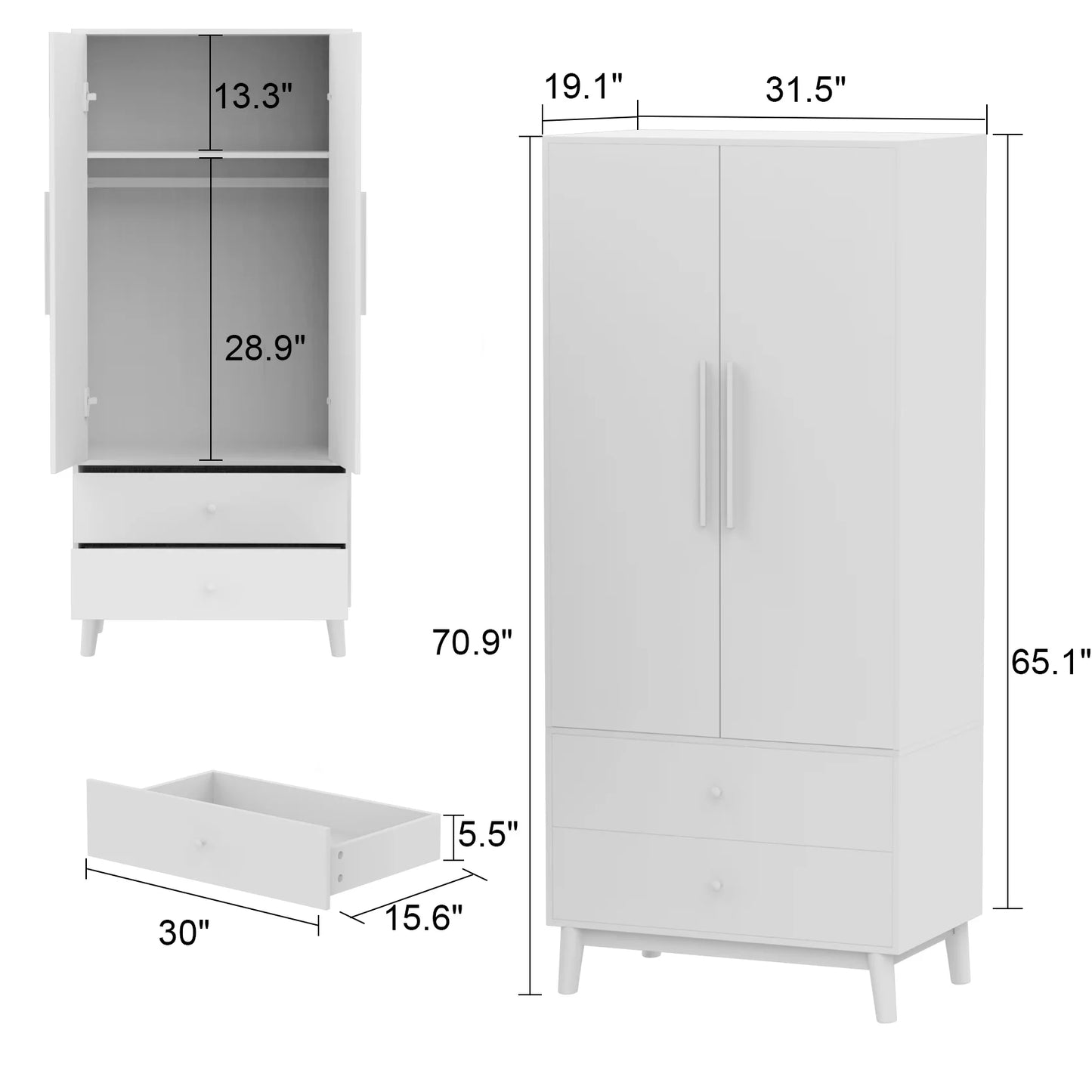 MONSLIPA 2-Door Armoire with Hanging Rod, 65" Tall Wardrobe Storage Cabinet with Drawers for Bedroom