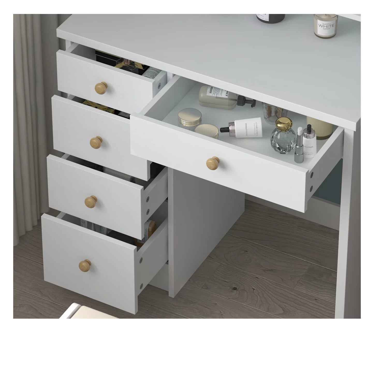 MONSLIPA Vanity Set with Round Mirror, Makeup Vanity Dressing Table with 5 Drawers, Shelves and Cushioned Stool (White/ Lighted Mirror)