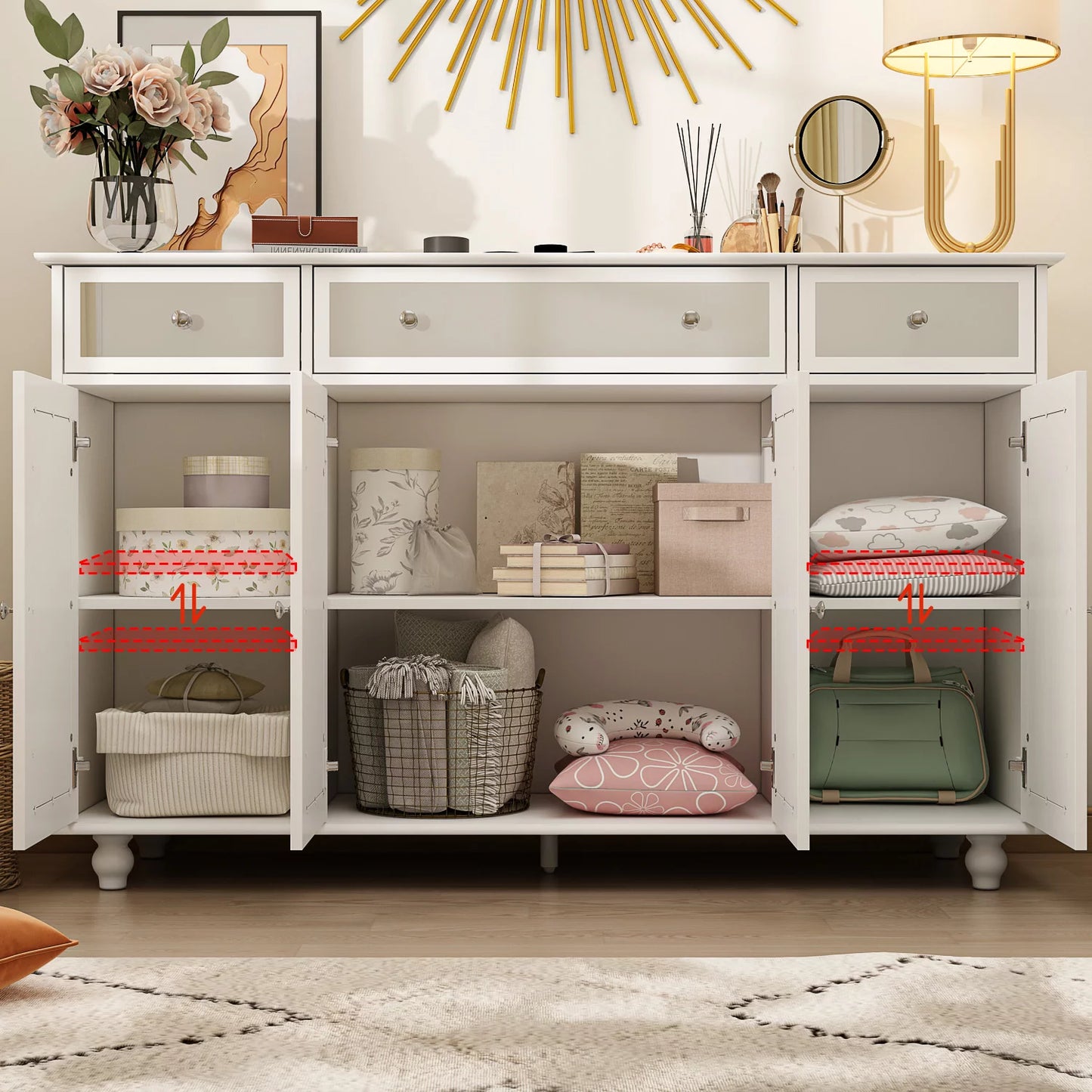 MONSLIPA Accent Cabinet with Drawers, Wooden Mirrored Buffet and Sideboard for Living Room