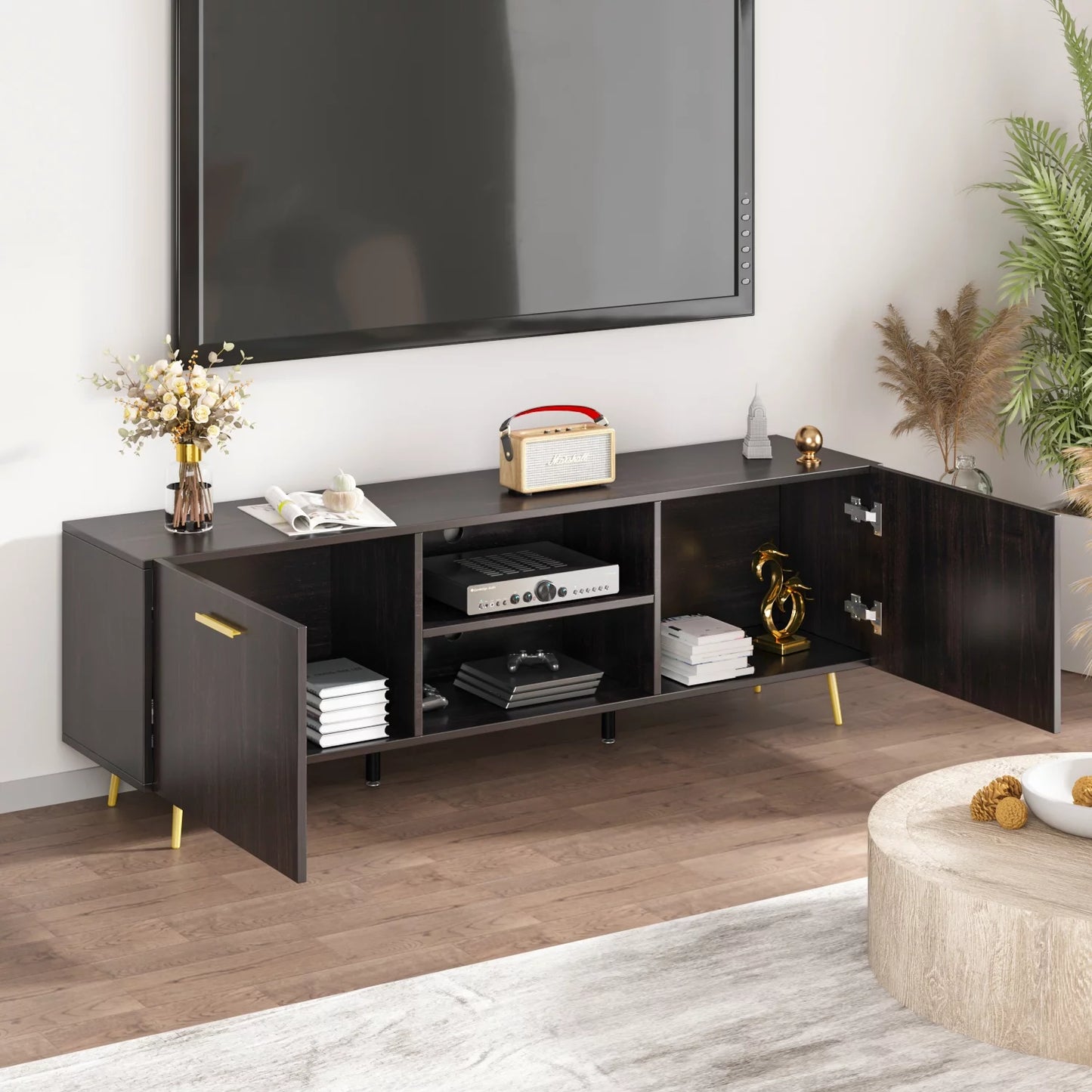 MONSLIPA Entertainment Center with Storage Cabinet and Open Shelves, TV Stand for 55/60 inch TV Media Console, Black&Brown