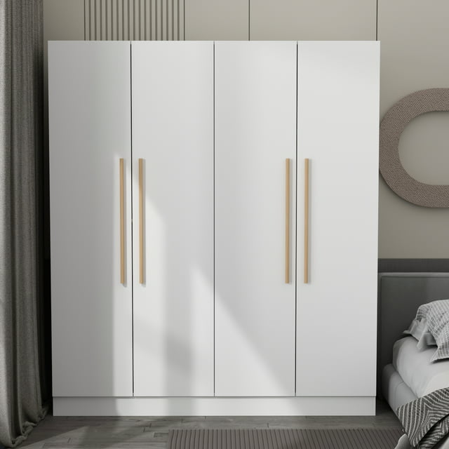 MONSLIPA Modern Wardrobe Armoire, 4 Door Wooden Closet Storage with Hanging Rods for Bedroom, White