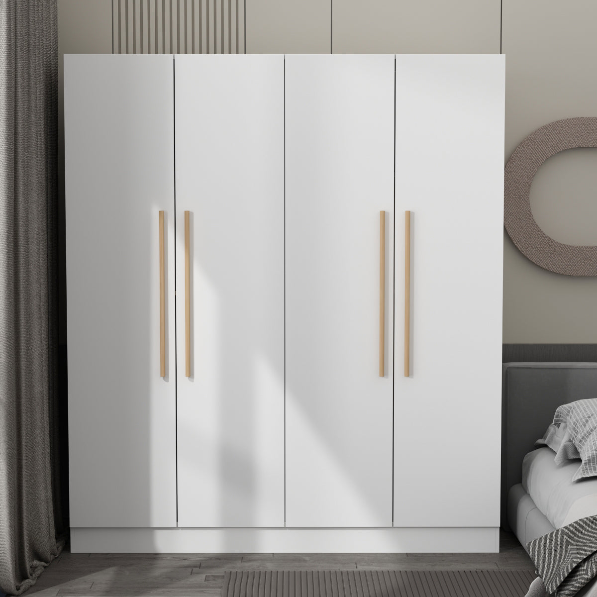 MONSLIPA Modern Wardrobe Armoire, 4 Door Wooden Closet Storage with Hanging Rods for Bedroom, White