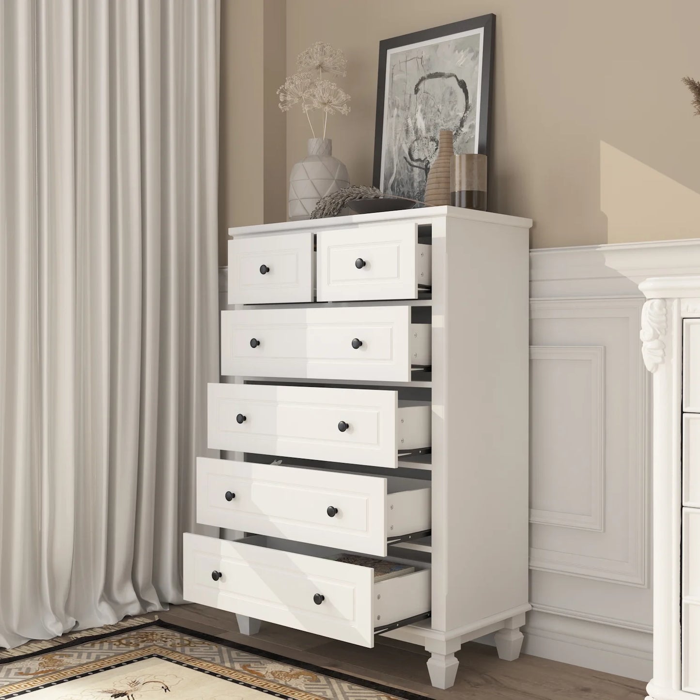 MONSLIPA 6 Drawer Tall Dresser, White Drawer Chest for Bedroom, Clothes Storage Cabinet