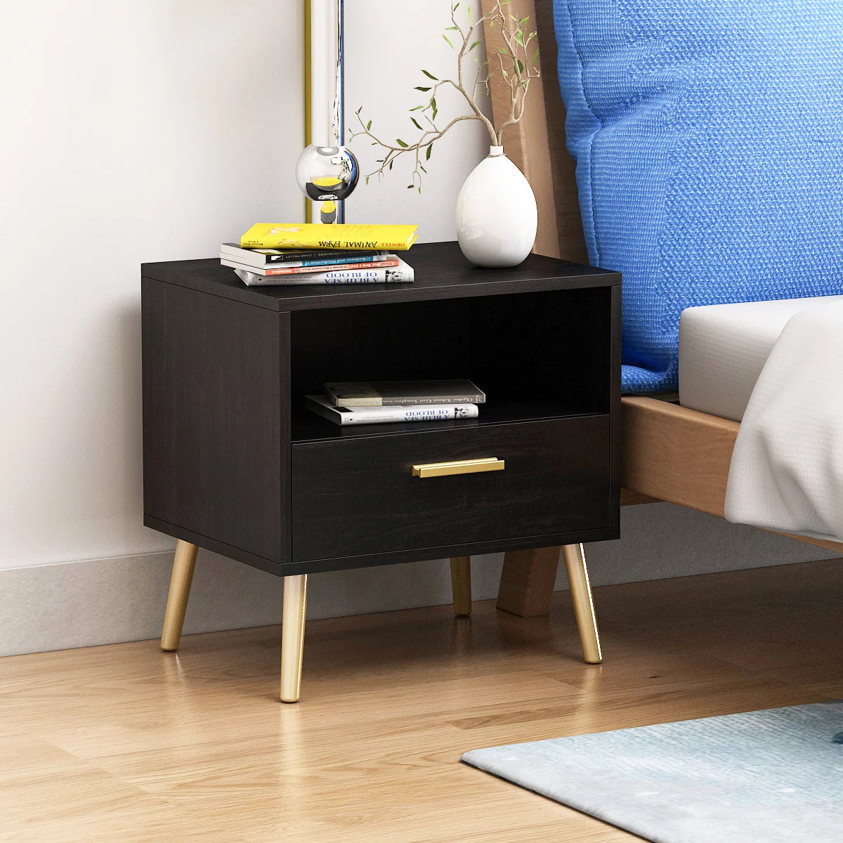 MONSLIPA Modern Night Stand End Table with Drawer, Set of 2 Black Nightstand