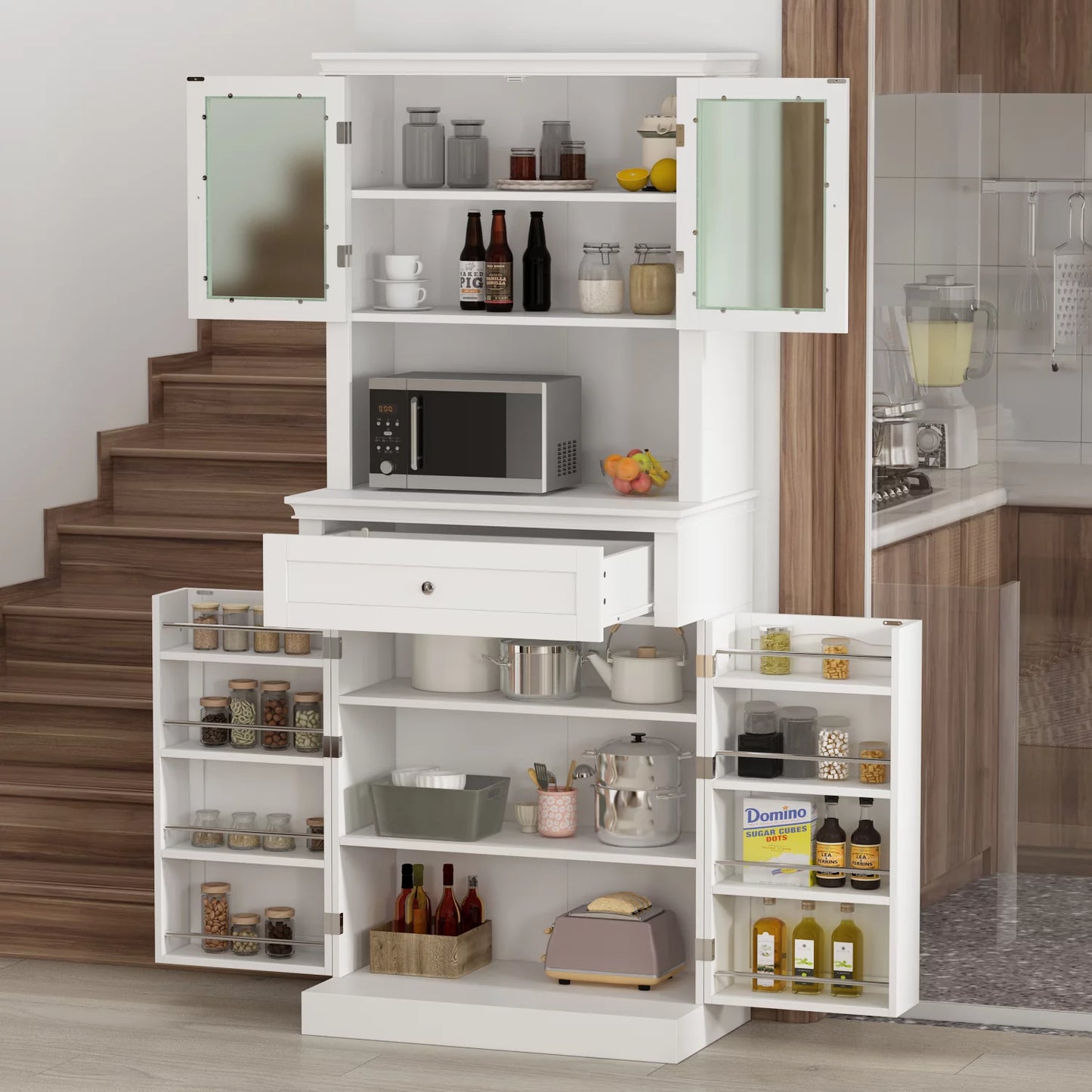 MONSLIPA Freestanding Kitchen Pantry, 4-Door Kitchen Cupboard Pantry Cabinet with Drawers and Acrylic Glass Door, White