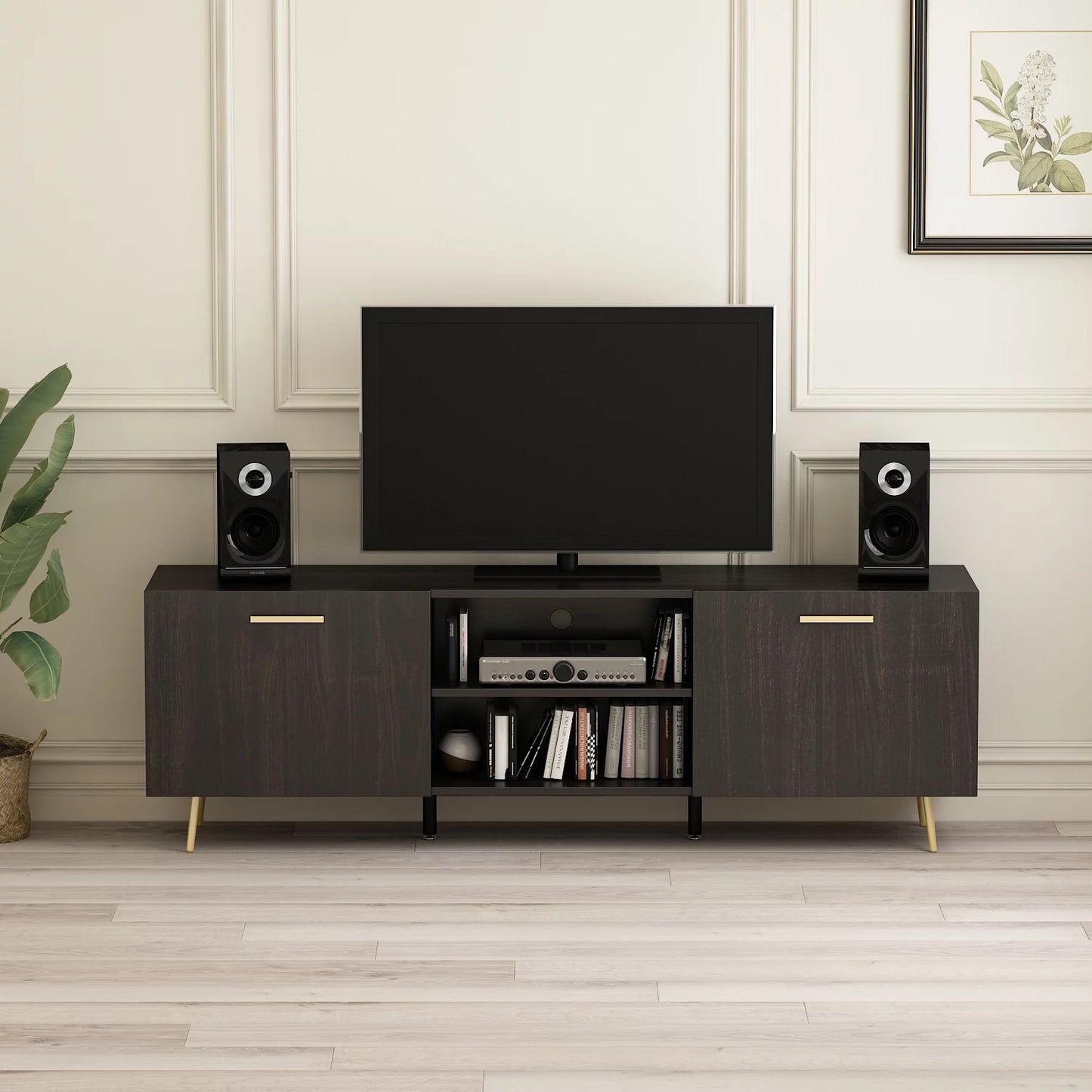 MONSLIPA TV Stand Entertainment Center with Storage Cabinet, Home Furniture Set Black&Brown