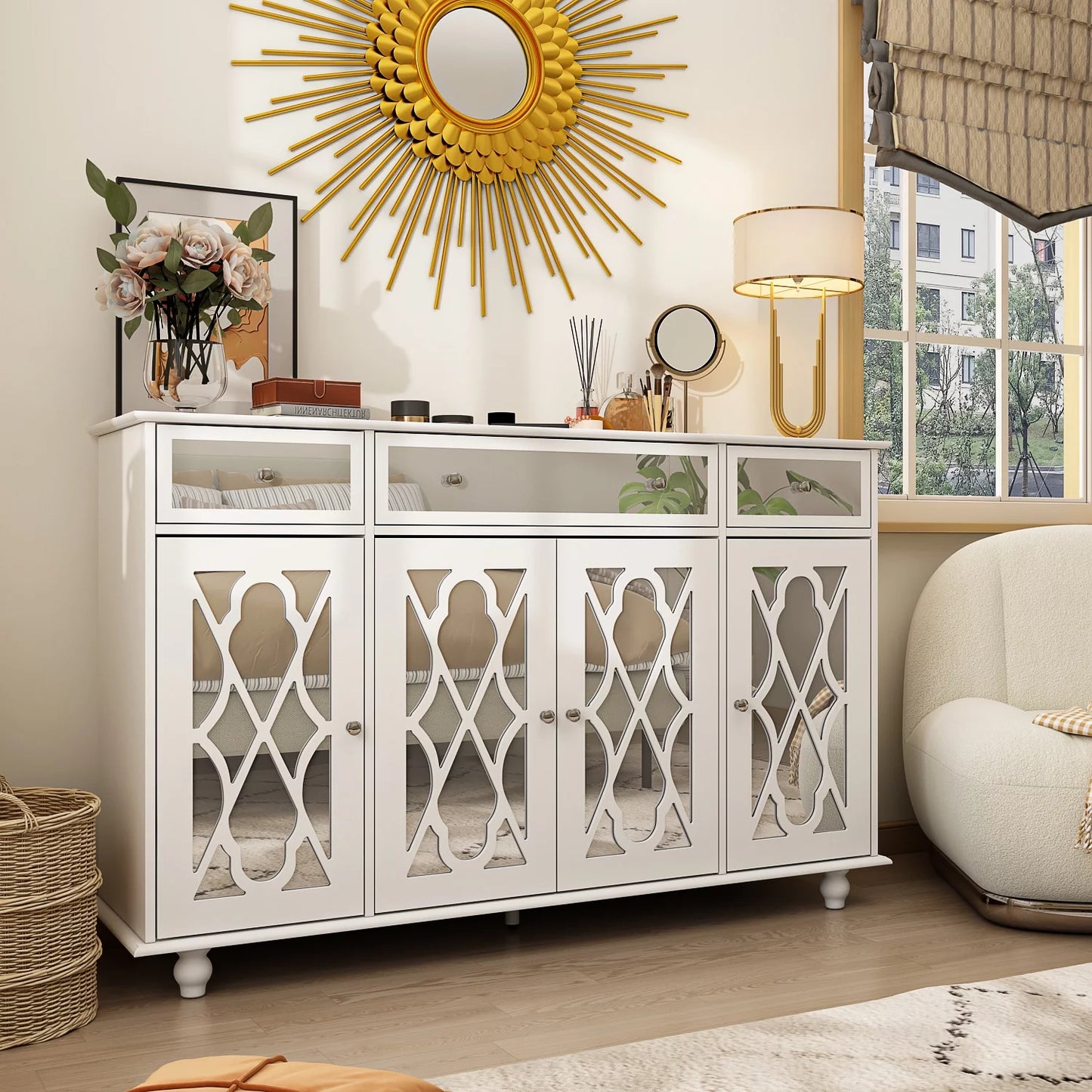 MONSLIPA Accent Cabinet with Drawers, Wooden Mirrored Buffet and Sideboard for Living Room