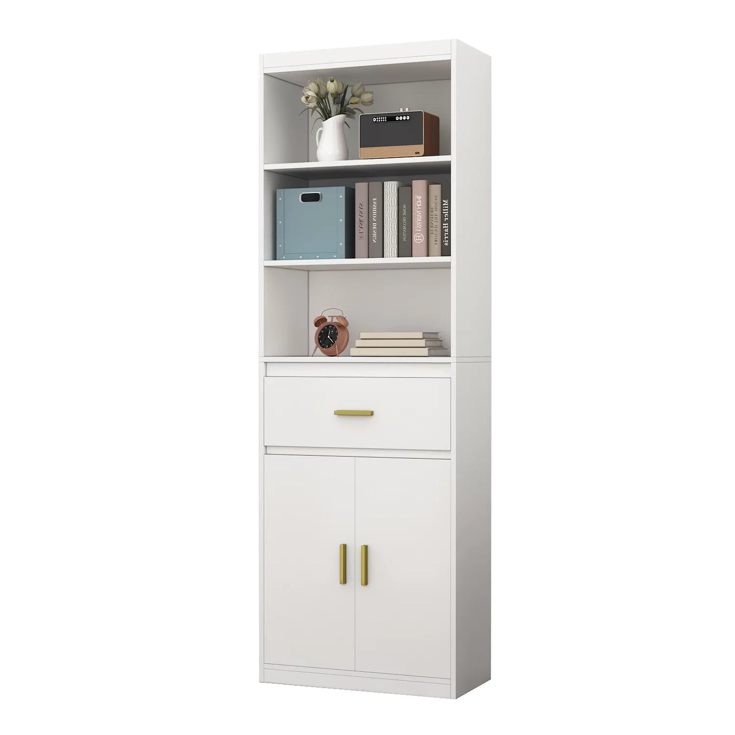 MONSLIPA Freestanding 2- Door Bookcase Storage Cabinet with 3 Shelves and Drawer, 70.8" H, White