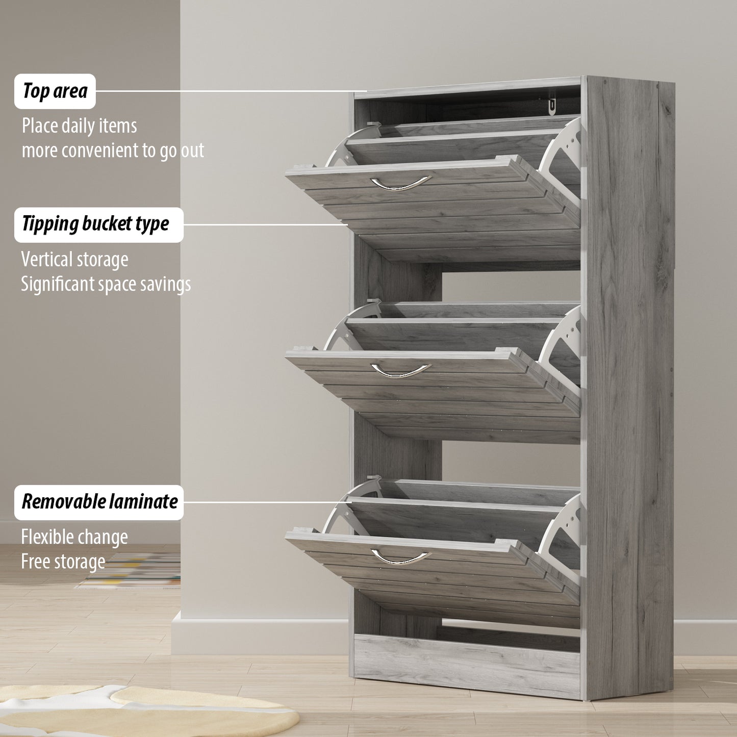 Timechee Shoe Cabinet with 3 Flip Drawers for Entryway Gray