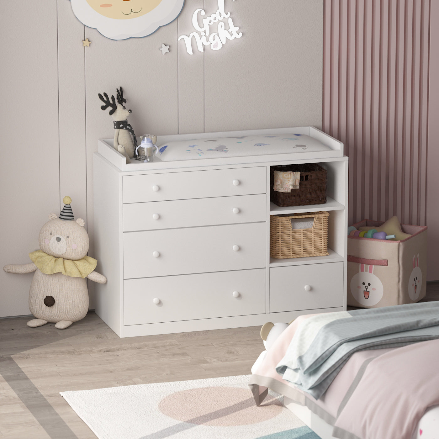 MONSLIPA Nursery Dresser Baby Dresser with 5 Drawer, White Wood Chest of Drawers for Bedroom Nursery, White