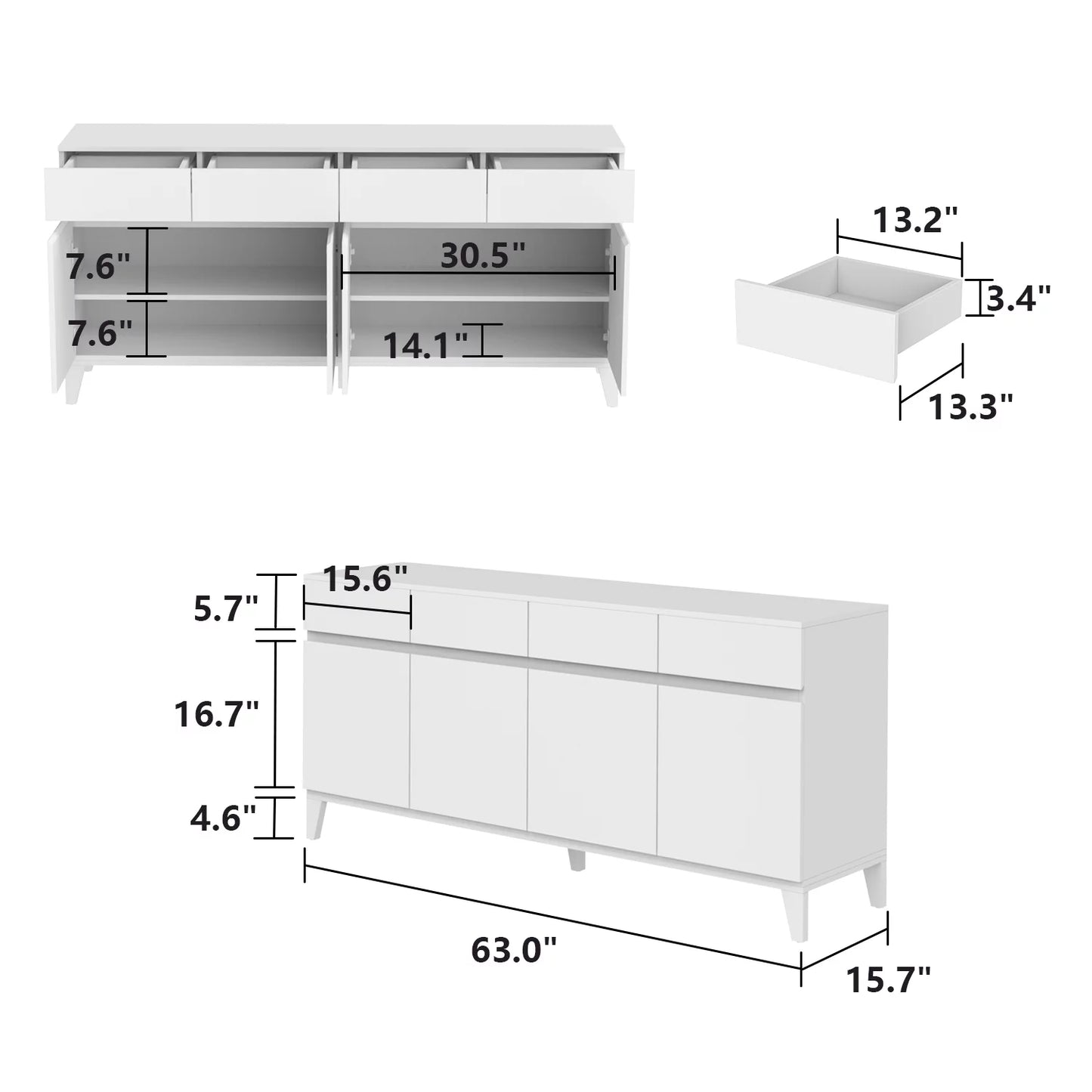 MONSLIPA Kitchen Sideboards Tables with 4 Drawers, Modern 4-Door Buffet Storage Cabinet with Metal Frame for Living Room Entryway Dinning Room