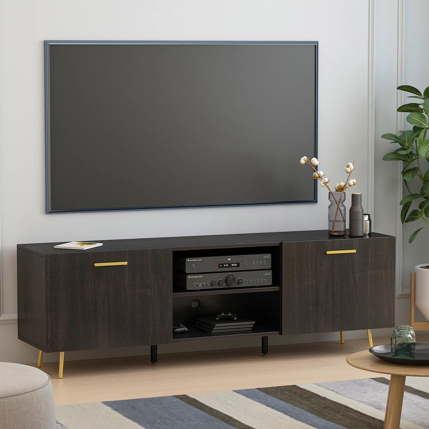 MONSLIPA TV Stand Entertainment Center with Storage Cabinet, Home Furniture Set Black&Brown