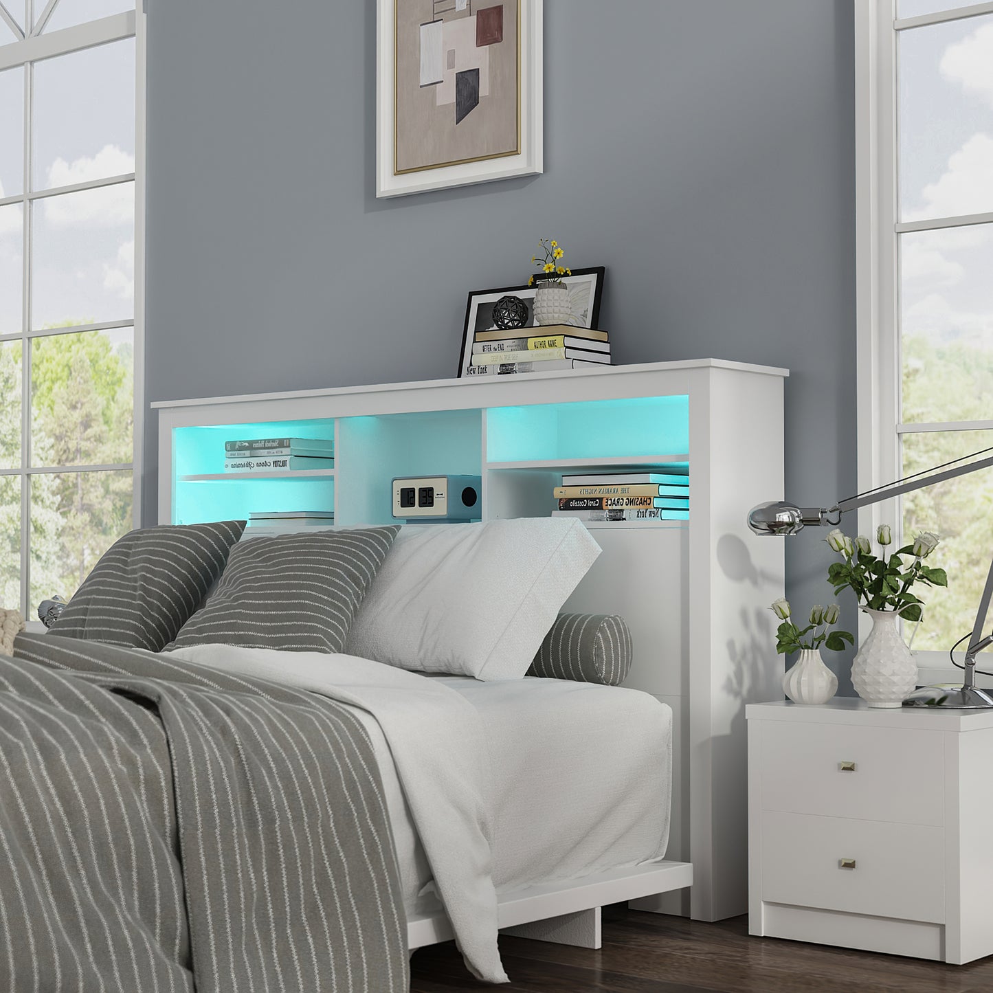 Timechee Bookcase Headboard with LED Light and Remote, Wood Full Queen Bookcase Headboard with Storage Shelf White