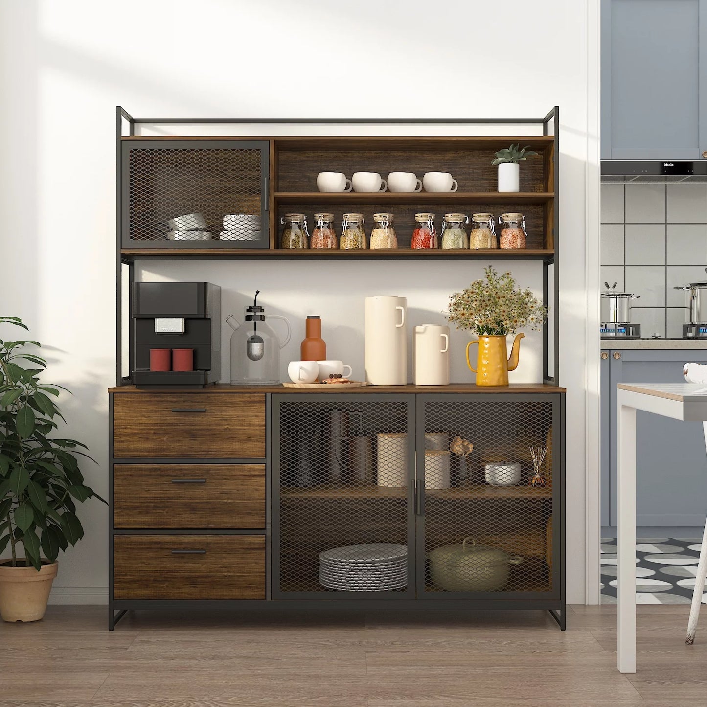 MONSLIPA Kitchen Pantry Storage Cabinet, Sideboard Buffet with Hutch, Metal Mesh Door and 3 Storage Drawers, White