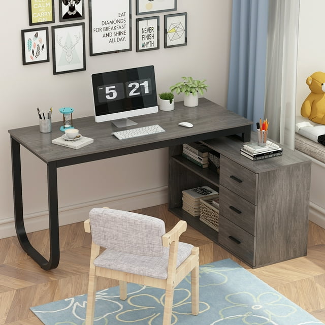 MONSLIPA L Shaped Desk with Storage Shelf and 3 Drawers, 55" Home Office Corner Office Writing Desk Study Workstation Table, Drak Gray